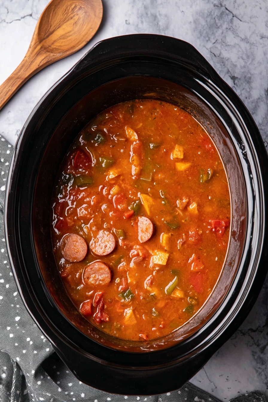 A black slow cooker is filled with a thick, chunky stew that has a rich reddish-orange color. Visible ingredients include slices of sausage, small cubes of cheese, and bits of green and red vegetables, all mixed evenly in the stew. The stew has a glossy surface and appears hearty and savory. The slow cooker sits on a white marbled texture surface alongside a wooden spoon and a grey cloth with white dots. Photo taken with an iphone --ar 2:3 --v 7