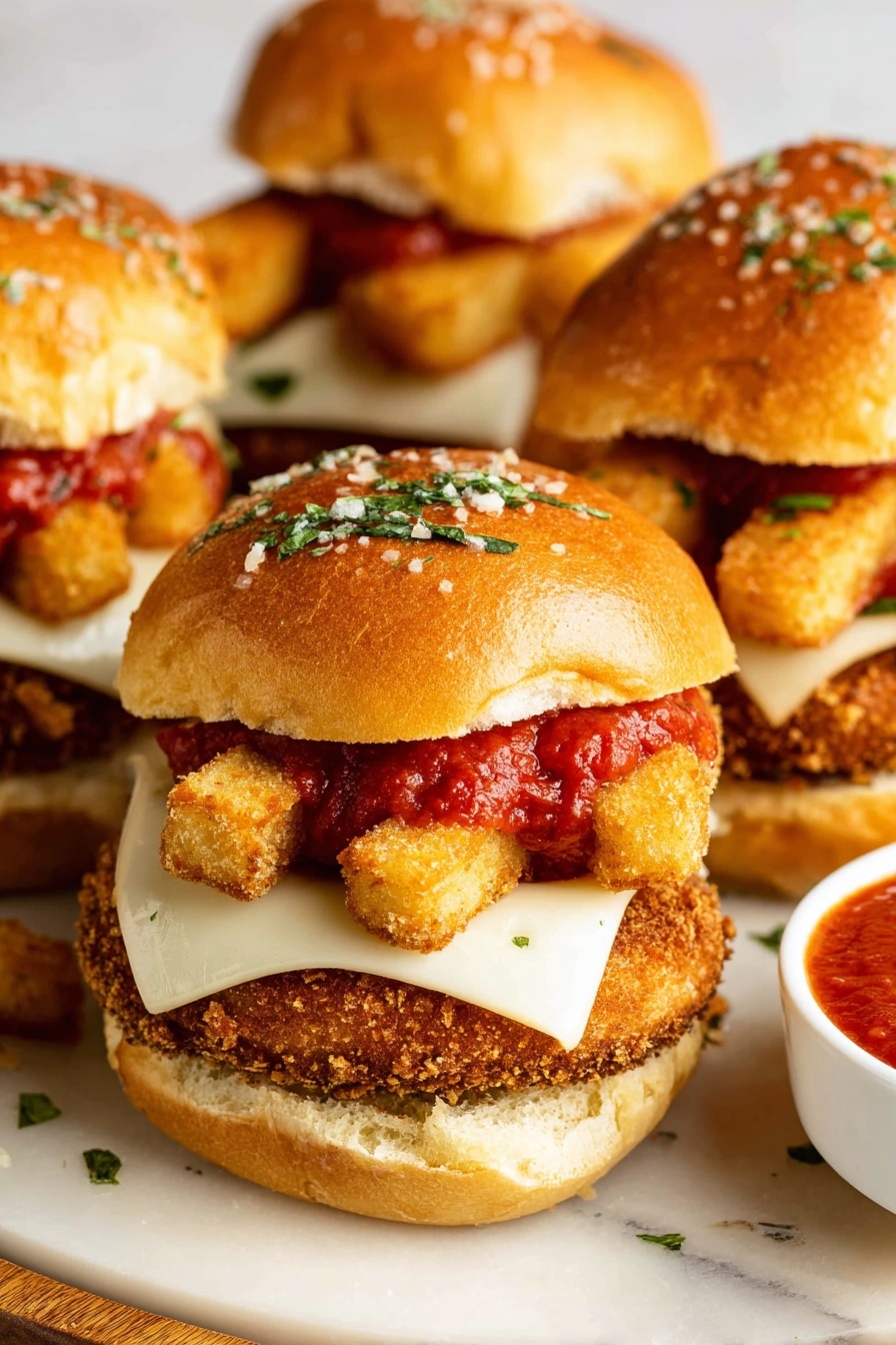 The image shows several sandwiches stacked on a white marbled surface. Each sandwich has three layers: the bottom layer is a crispy brown fried patty with a crunchy texture, topped with a smooth white melted cheese slice. Above the cheese is a bright red tomato sauce spread, and the top layer consists of golden brown fried sticks placed side by side under a shiny golden bun sprinkled with green herbs and coarse salt. The sandwiches are close together, and a white bowl filled with more red sauce is visible in the corner. Photo taken with an iphone --ar 2:3 --v 7