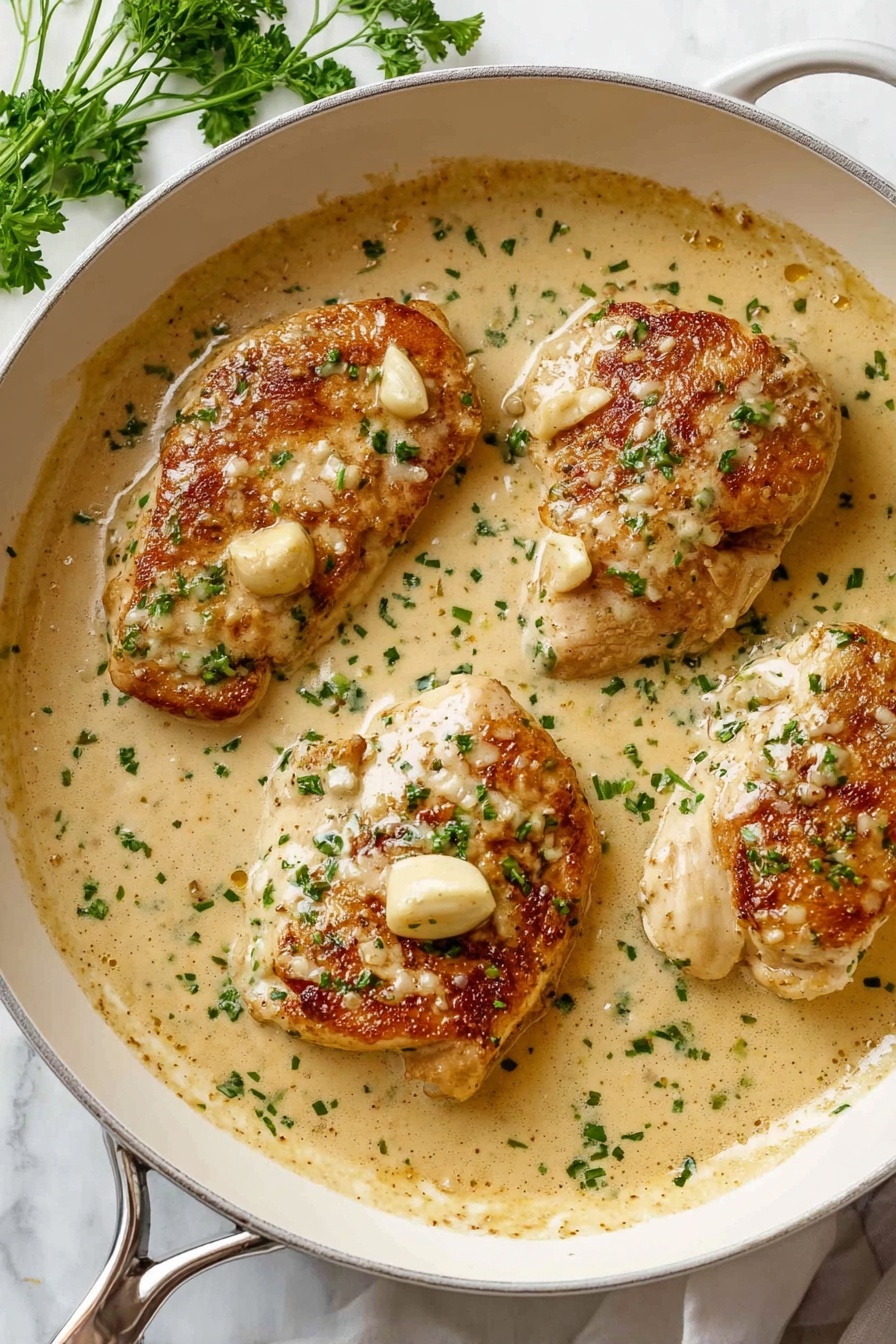 A white pan holds four pieces of browned chicken layered evenly and cooked with a smooth, creamy light beige sauce covering them partly. The sauce has a slightly thick texture with small bubbles and is dotted with finely chopped green herbs sprinkled on top and around the chicken. Three garlic cloves rest on the chicken pieces, blending into the sauce. The pan handle is visible, and a white marbled surface shows beneath with some green parsley placed near the top left. The lighting highlights the golden brown of the chicken and the creamy sauce around it photo taken with an iphone --ar 2:3 --v 7