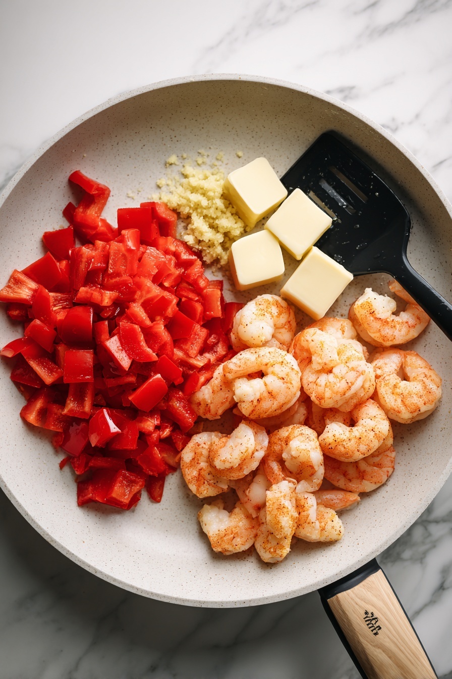 A white bowl holds a dish with two main layers: on the left, a mound of fluffy white rice, and on the right, orange creamy shrimp curry with visible whole shrimp coated in sauce, scattered chopped red tomatoes, and finely chopped green herbs sprinkled on top. A green lime wedge and fresh cilantro leaves sit near the top edge of the curry. The bowl is placed on a white marbled surface with a soft-textured light gray cloth beside it. Photo taken with an iphone --ar 2:3 --v 7