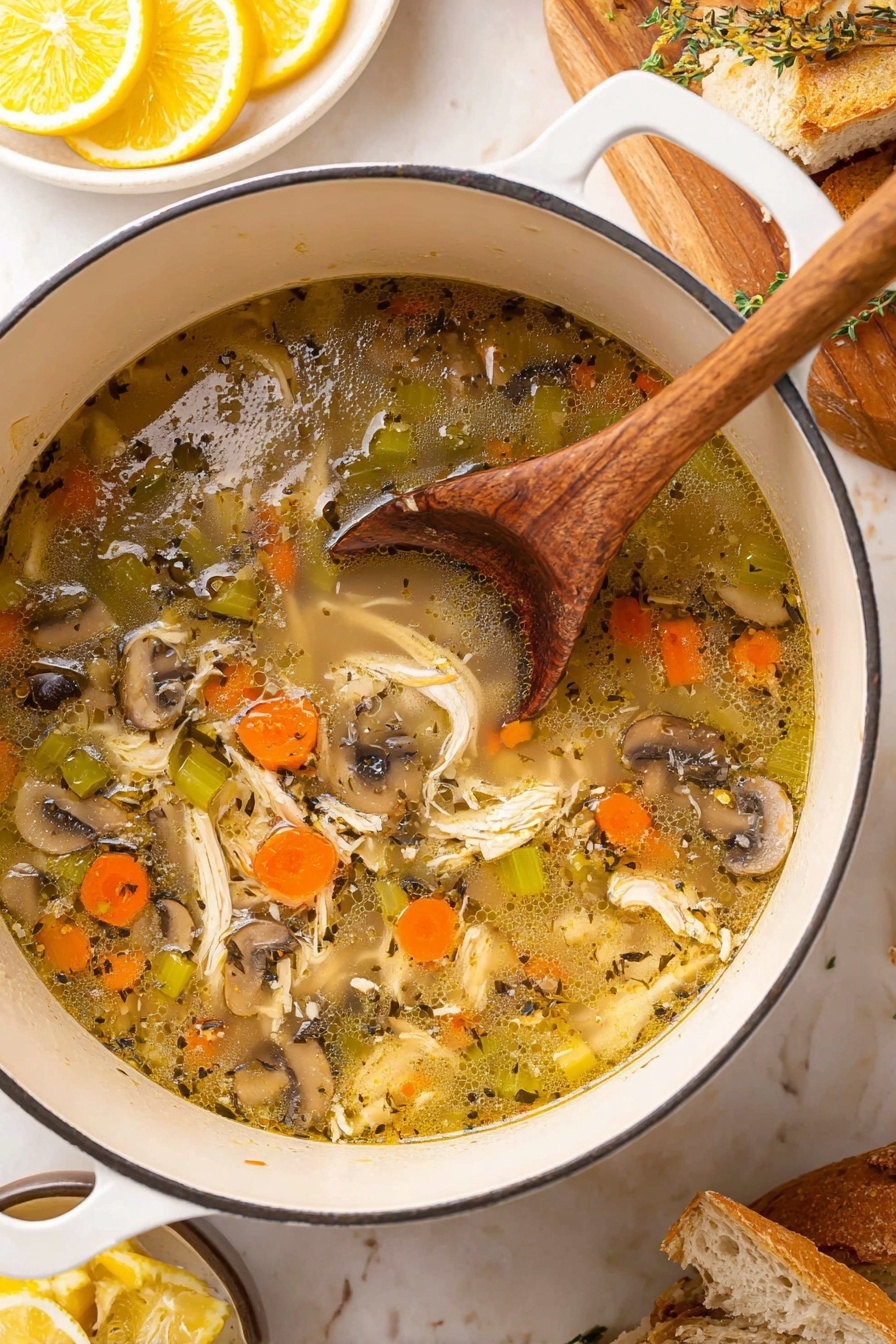 A white pot filled with chicken soup is shown, with a wooden spoon resting inside it. The soup has a clear broth with visible pieces of orange carrot cubes, green celery chunks, sliced mushrooms, and shredded white chicken scattered throughout. The soup's surface reflects light, showing a thin oily layer mixed with herbs that float on top. Around the pot, there are slices of lemon on a small white dish and pieces of ciabatta bread on a wooden board, all placed on a white marbled texture surface. Photo taken with an iphone --ar 2:3 --v 7