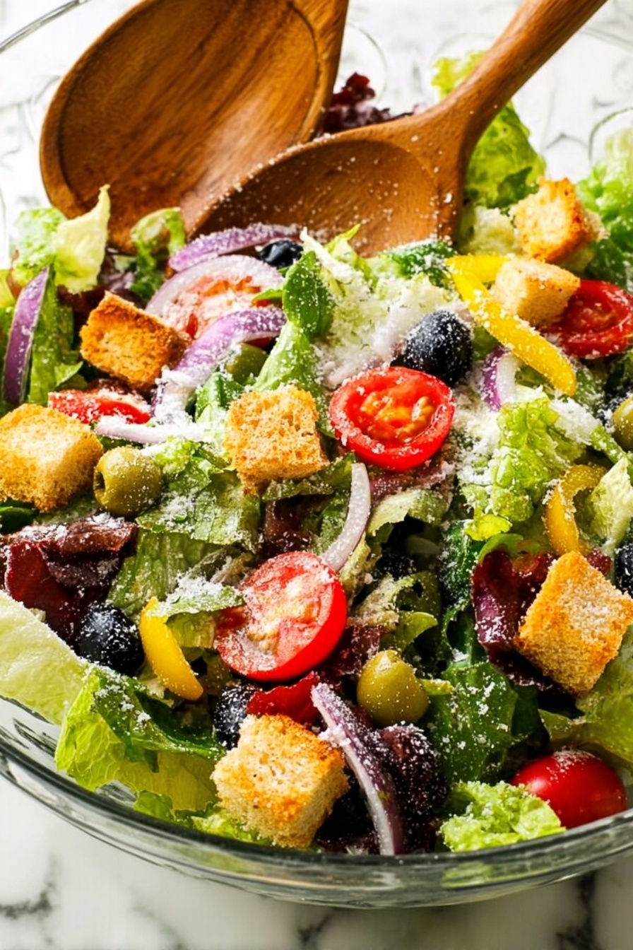 A close-up view of a fresh salad in a clear glass bowl on a white marbled surface, showing multiple layers: the bottom layer has dark green leafy lettuce mixed with lighter green romaine lettuce, topped with bright red tomato slices, black olives, and some yellow pepperoncini peppers. Scattered on top are golden brown, small square croutons and a light sprinkling of grated white cheese, with thin slices of purple onion mixed in. Two wooden salad spoons rest diagonally on the bowl's edge. The salad looks fresh and colorful with varied textures and tones, photo taken with an iphone --ar 2:3 --v 7