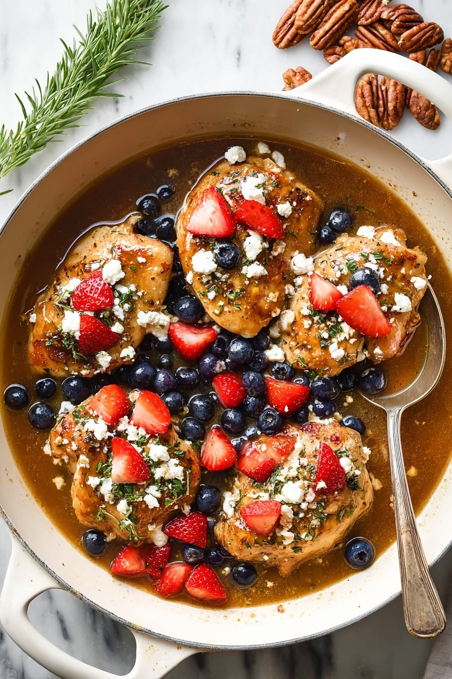 The image shows a white round pan filled with five golden brown cooked chicken pieces soaking in a brown sauce at the bottom. On top of the chicken, there are small layers of bright red chopped strawberries, dark blue whole blueberries, and white crumbled cheese scattered evenly. A small bunch of green rosemary rests at the edge of the pan on the left. A metal spoon is placed on the right side inside the pan with some sauce and a few berries around it. The pan is set on a white marbled surface with a few cinnamon-coated pecans beside it. photo taken with an iphone --ar 2:3 --v 7