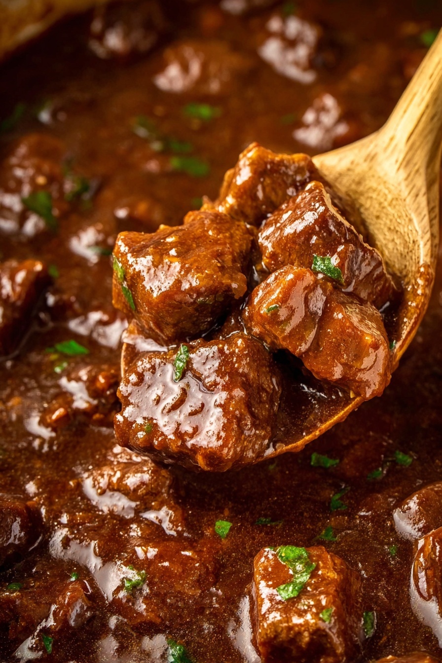 This image shows a close-up of a rich brown stew with chunks of tender meat coated in thick sauce. The stew has small green herb pieces sprinkled throughout, adding a slight contrast to the dark brown color. A wooden spoon is lifting a few pieces of the meat, showing the juicy texture and shiny sauce that covers each piece. The background is filled with more of the stew, glossy with liquid and small bits of herbs visible all over photo taken with an iphone --ar 2:3 --v 7