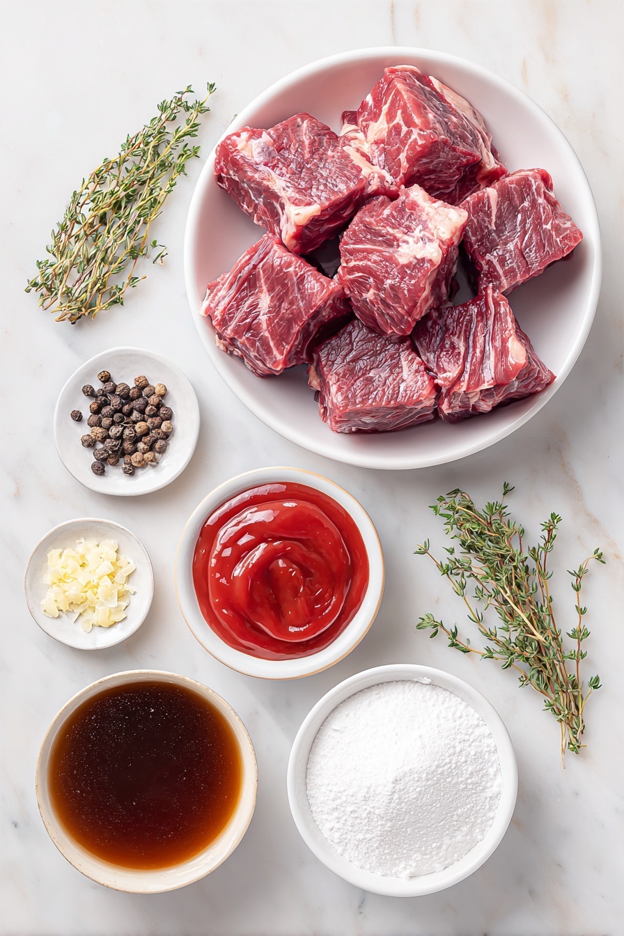 Flat lay of a generous pile of fresh raw beef stew meat cubes, a few whole uncracked brown eggs, a small white ceramic bowl with minced garlic, a small white bowl filled with coarse salt, another with black peppercorns, a small white bowl holding dried thyme leaves, a neat mound of dry onion soup mix powder on a white plate, a small white bowl filled with rich dark beef broth, a small white bowl with glossy red ketchup, a small white bowl holding dark Worcestershire sauce, and a small white bowl containing fine white cornstarch, all arranged symmetrically and balanced with perfect proportions, placed on a clean white marble surface, soft natural light, photo taken with an iPhone, professional food photography style, fresh ingredients, white ceramic bowls, no bottles, no duplicates, no utensils, no packaging --ar 2:3 --v 7 --p m7354615311229779997