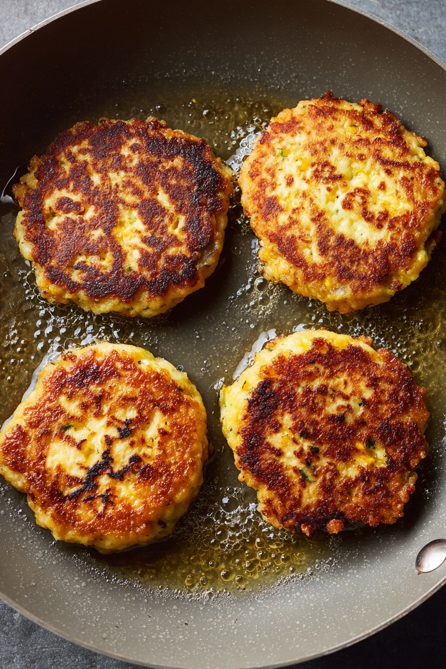 A white plate holds a single round, golden-brown crispy cake with a slightly rough texture, topped with a thick, creamy beige sauce that flows over the sides. A silver fork rests on the plate near the cake. Behind the plate is a gray bowl filled with the same creamy sauce, where two similar golden-brown cakes float, speckled with green herbs. The scene is set on a white marbled surface with a frayed gray cloth under the plate and bowl. Photo taken with an iphone --ar 2:3 --v 7