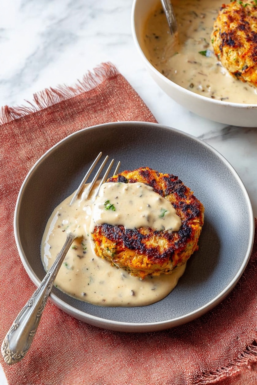 The image shows four patties cooking in a grey frying pan on a white marbled surface. Each patty has a thick, uneven shape with golden brown crispy edges and a slightly burnt dark brown top on two of them. The texture looks soft and moist with chunks of lighter yellow and orange ingredients visible in the patties. Oil is sizzling around them, making the surface shiny and hot. Photo taken with an iphone --ar 2:3 --v 7