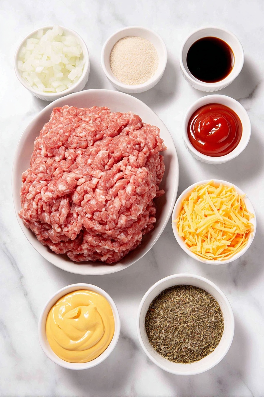 Flat lay of a mound of fresh ground beef, a small white ceramic bowl of finely diced raw onion, a small white ceramic bowl of bright red ketchup, a small white ceramic bowl of smooth yellow mustard, a small white ceramic bowl of dark Worcestershire sauce, a small white ceramic bowl of fine garlic powder, a small white ceramic bowl of fine onion powder, a small white ceramic bowl of coarse kosher salt, a small white ceramic bowl of freshly cracked black pepper, a small white ceramic bowl heaping with shredded cheddar cheese, a small white ceramic bowl of finely chopped dill pickles, a stack of translucent spring roll wrappers, a small white ceramic bowl of pale beige flour paste, placed on a clean white marble surface, soft natural light, photo taken with an iPhone, professional food photography style, fresh ingredients, white ceramic bowls, no bottles, no duplicates, no utensils, no packaging --ar 2:3 --v 7 --p m7354615311229779997