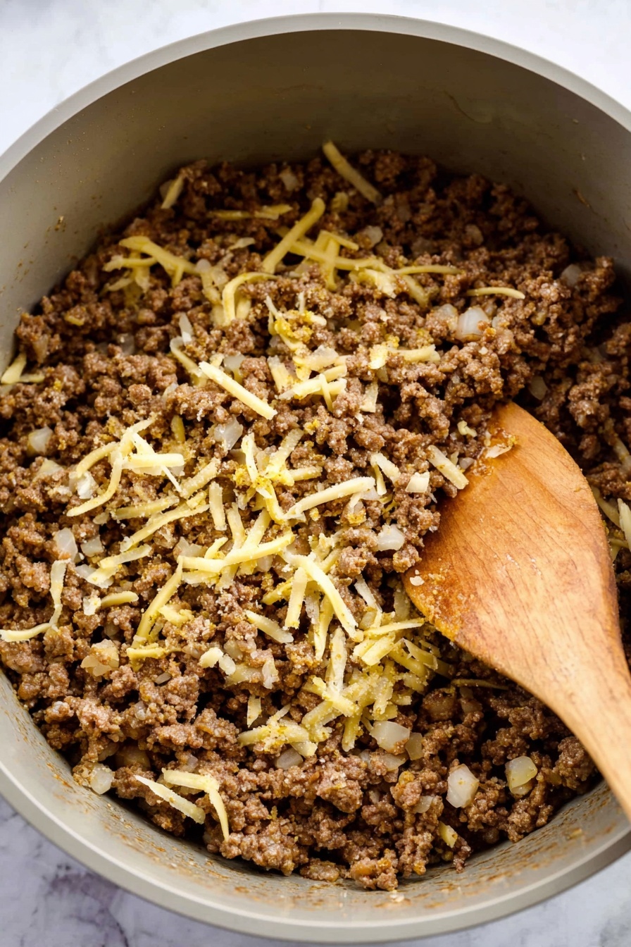 A group of golden brown fried rolls sit on a wooden board. Two of the rolls are cut open and show three layers inside: a soft thin crispy outer shell, a middle layer of dark brown cooked meat, and a top layer of melted stringy white cheese stretching from one half to the other. Behind the rolls are two small white bowls with blue rims, one filled with bright red sauce and the other with creamy pale yellow sauce. The surface beneath the board has a white marbled texture. photo taken with an iphone --ar 2:3 --v 7