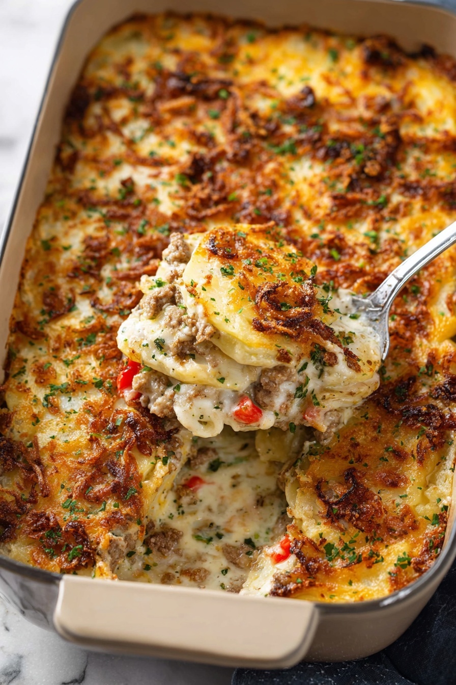 The dish is a casserole in a white rectangular baking dish, showing a golden brown crust made of melted cheese and crispy fried onions on top, sprinkled lightly with green herbs. Beneath the crust are visible layers of ground meat and creamy sauce mixed with small pieces of red and green peppers, along with slices of soft, pale yellow potatoes. A wooden spoon lifting a portion reveals the creamy texture inside, with layered potato slices and mixed ingredients blending together. The surface underneath is white marble, and the image conveys a warm, hearty meal. photo taken with an iphone --ar 2:3 --v 7