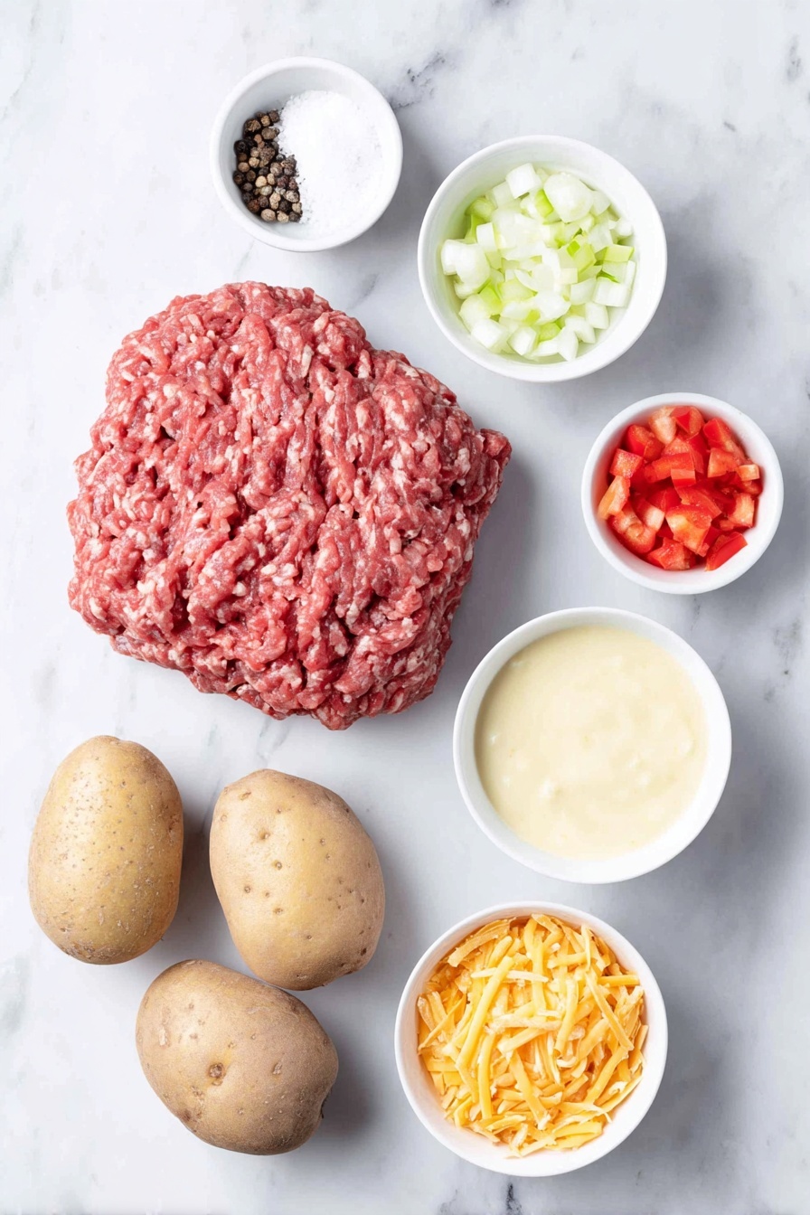 Flat lay of fresh ground beef shaped into a neat mound, a half large onion diced into small white cubes, diced red bell pepper pieces, diced green bell pepper pieces, a pile of peeled russet potatoes sliced thinly, a small white ceramic bowl filled with creamy evaporated milk, a small white ceramic bowl with smooth cream of mushroom soup, a small white ceramic bowl containing cream of chicken soup, a heap of shredded bright orange cheddar cheese, a small pile of golden fried onions, a small white ceramic bowl holding fine ground black pepper, a small white ceramic bowl with coarse salt, whole uncracked brown eggs placed neatly aside, all arranged symmetrically on a clean white marble surface, soft natural light, photo taken with an iPhone, professional food photography style, fresh ingredients, white ceramic bowls, no bottles, no duplicates, no utensils, no packaging --ar 2:3 --v 7 --p m7354615311229779997