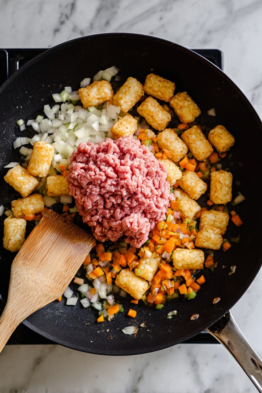 The dish on a white plate is made of round, golden-brown tater tots forming the base layer, topped with small pieces of cooked ground meat that are dark brown, and scattered bits of chopped white onions. Over it, there is a drizzle of dark reddish-brown sauce that covers much of the top, adding a shiny texture. The plate is placed on a white marbled surface, and behind it, a black cast iron skillet is visible with more of the same dish inside. Photo taken with an iphone --ar 2:3 --v 7