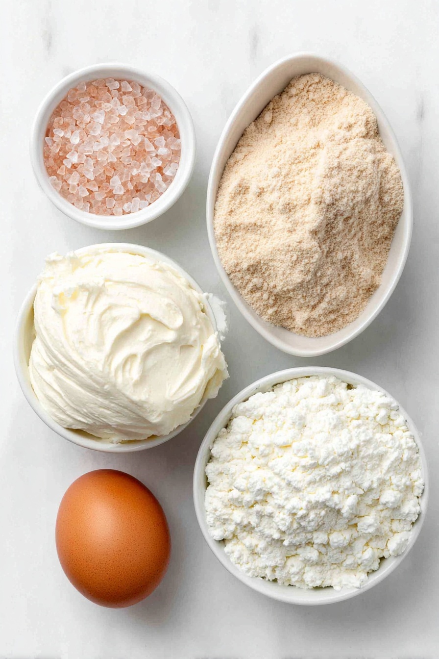 Flat lay of a small mound of soft cream cheese, a single large brown egg with clean shell, a small white ceramic bowl filled with shiny pink sanding sugar crystals, a neat pile of unwrapped pink Hershey’s Strawberry Ice Cream Cone Kisses, a white ceramic bowl containing light tan sugar cookie mix powder, placed on a clean white marble surface, soft natural light, photo taken with an iPhone, professional food photography style, fresh ingredients, white ceramic bowls, no bottles, no duplicates, no utensils, no packaging --ar 2:3 --v 7 --p m7354615311229779997