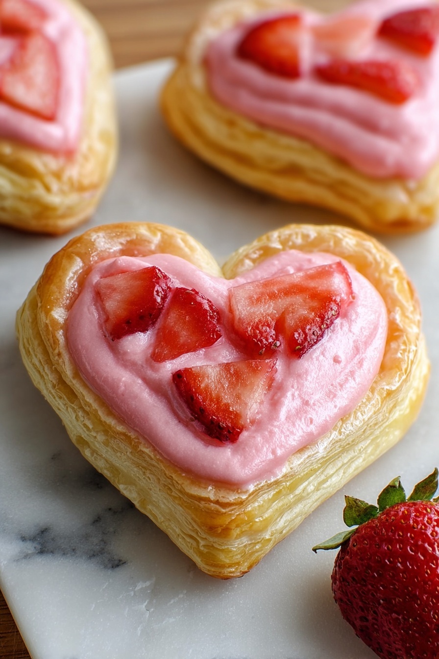 The image shows a heart-shaped pastry with two main layers. The bottom layer is a light golden, flaky pastry with soft, slightly puffed edges. On top is a thick layer of smooth, bright pink cream that fills the heart shape almost to the edges. Scattered on the pink cream are small pieces of fresh red strawberries, adding texture and color contrast. The pastries sit on a wood texture surface with a whole strawberry placed nearby. photo taken with an iphone --ar 2:3 --v 7