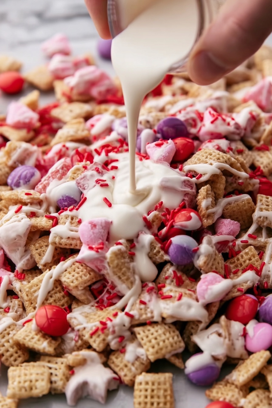 The image shows a close-up of a snack mix with several layers and textures. The base is made of square, light tan cereal pieces, mixed with pink, red, and purple round candy-coated chocolates. There are small red sprinkles scattered throughout. On top, a thick white drizzle, resembling melted white chocolate, is being poured over the snack mix by a woman's hand. The whole scene is set on a wood-textured surface. Photo taken with an iphone --ar 2:3 --v 7