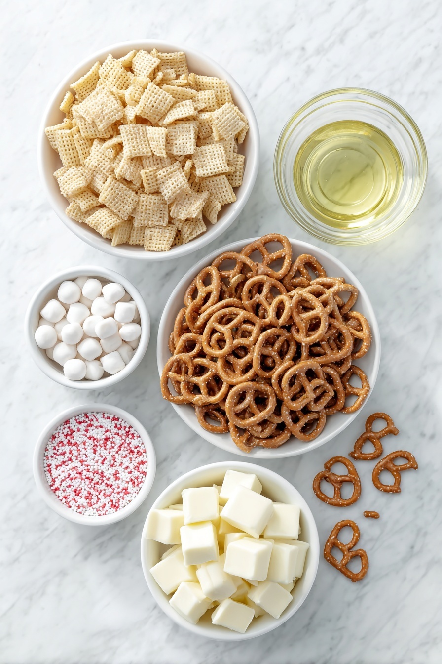 Flat lay of fresh Corn Chex cereal flakes, mini twisted pretzels with a slight golden sheen, natural Rice Chex cereal pieces, honey nut Cheerios with a warm golden color, a handful of red, white, and pink Valentine’s Day M&M’s scattered, smooth white chocolate chips in a small mound, a small white ceramic bowl filled with clear vegetable oil, and a small white ceramic bowl holding red, white, and pink Valentine’s Day sprinkles, all arranged symmetrically on a clean white marble surface, soft natural light, photo taken with an iPhone, professional food photography style, fresh ingredients, white ceramic bowls, no bottles, no duplicates, no utensils, no packaging --ar 2:3 --v 7 --p m7354615311229779997