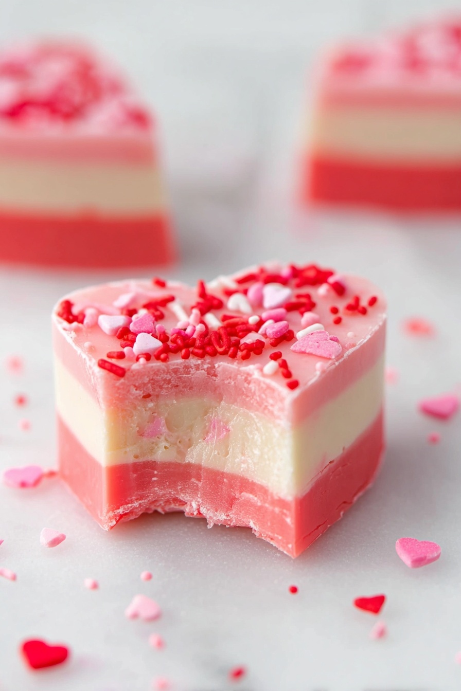 The image shows a heart-shaped sweet treat with three layers placed on a white surface with wood texture in the background. The top layer is pink with small white, pink, and red heart-shaped sprinkles scattered on it. The middle layer is a smooth cream color, while the bottom layer is a lighter pink tone. A bite is taken from the front, showing the texture and thickness of each layer. In the background, two more heart-shaped treats are visible but out of focus. Photo taken with an iphone --ar 2:3 --v 7