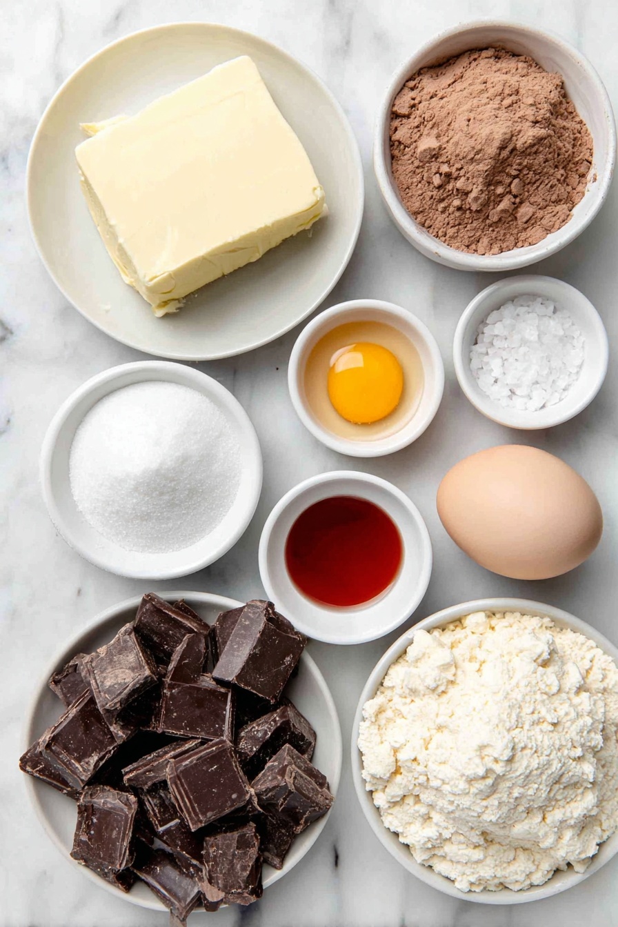 Flat lay of a small slab of unsalted butter, a few tablespoons of light and dark brown sugar in a white ceramic bowl, a small white bowl filled with white sugar, one large whole egg with a clean shell, one large egg yolk (separated and placed in a small white bowl), a small white bowl with vanilla bean paste, a small white bowl holding clear vinegar, a small white bowl containing vibrant gel red food color, a mound of all purpose flour on a white ceramic plate, a small white bowl of Dutch processed cocoa powder, a small pinch of fine salt in a white bowl, a small white bowl with baking powder, a small white bowl with baking soda, a white ceramic plate displaying a variety of chopped chocolate pieces — white, milk, and dark chocolate chunks — arranged in an even mix, and a small pile of flaky sea salt crystals on a white plate, all arranged symmetrically with balanced proportions, placed on a clean white marble surface, soft natural light, photo taken with an iPhone, professional food photography style, fresh ingredients, white ceramic bowls, no bottles, no duplicates, no utensils, no packaging --ar 2:3 --v 7 --p m7354615311229779997
