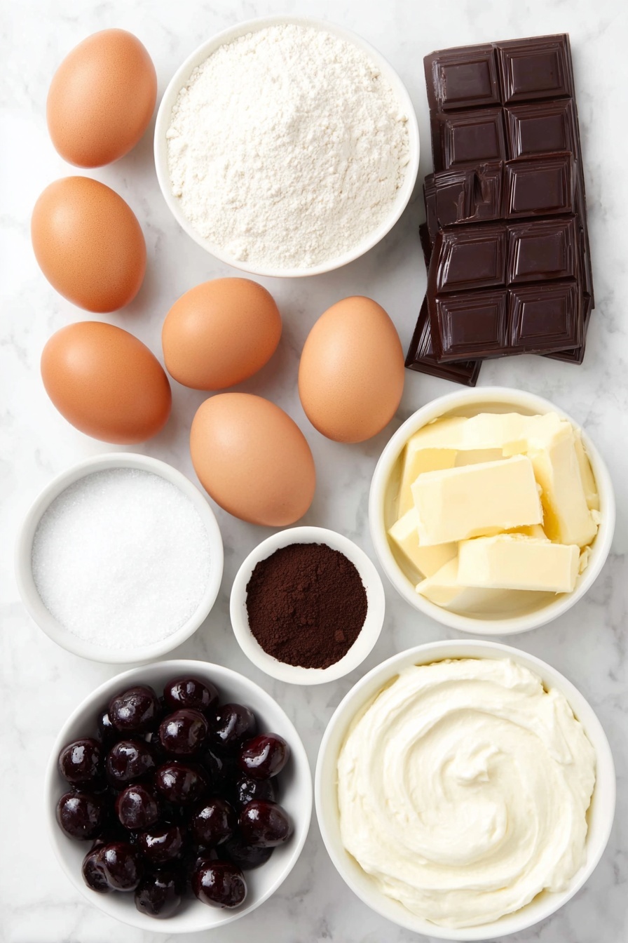 Flat lay of eight large brown eggs with smooth shells, a small white ceramic bowl of granulated sugar, a small white ceramic bowl of all purpose flour, a small white ceramic bowl of dark cocoa powder, a few sprigs of vanilla bean pods, a small white ceramic bowl of fine salt, a small white ceramic bowl of baking powder, a small white ceramic bowl filled with shiny pitted dark sweet cherries and bright maraschino cherries, a small white ceramic bowl of thick heavy whipping cream, and a small white ceramic bowl with smooth semi-sweet chocolate bars, all arranged with perfect symmetry on a clean white marble surface, soft natural light, photo taken with an iPhone, professional food photography style, fresh ingredients, white ceramic bowls, no bottles, no duplicates, no utensils, no packaging --ar 2:3 --v 7 --p m7354615311229779997