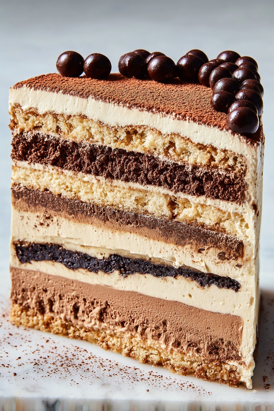 A tall slice of layered cake stands on a white marbled surface, showing seven distinct layers. From bottom to top, there are three thick brown chocolate layers, each separated by creamy beige layers with a smooth texture. Between some cream layers, there are rich dark chocolate fillings. The outside of the cake is coated with light beige frosting. The top layer is dusted with a fine layer of cocoa powder, and the cream on the top right side is decorated with shiny dark brown round chocolate balls scattered unevenly. photo taken with an iphone --ar 2:3 --v 7