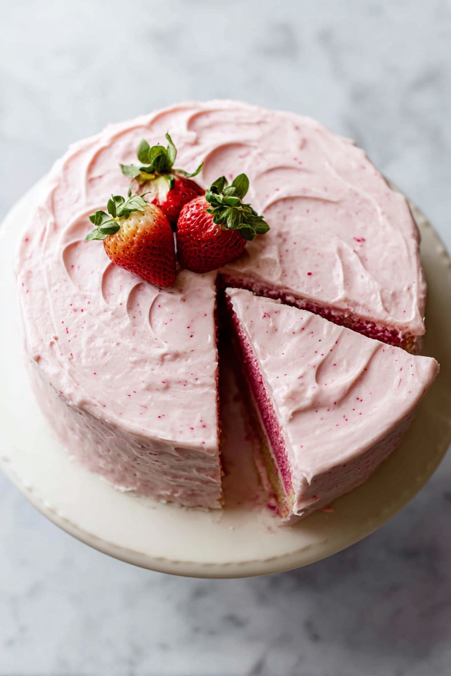 A round cake with two visible layers sits on a white cake stand over a white marbled surface. The top is coated with thick, light pink frosting that has a creamy texture with small red specks. Two whole strawberries with green leaves are placed close together at the center of the cake. One slice is slightly separated, showing a darker pink or red cake layer under the frosting. The frosting on the side and top is spread in soft, swirling patterns. Photo taken with an iphone --ar 2:3 --v 7