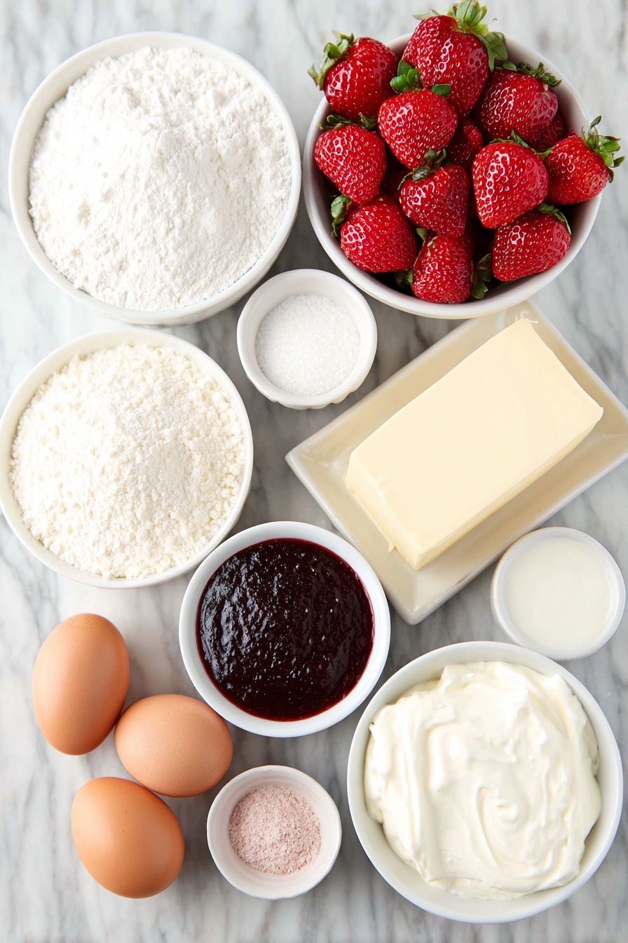 Flat lay of a small heap of fresh hulled strawberries, a small mound of fine cake flour, a few whole uncracked brown eggs, a slab of softened unsalted butter, a small white ceramic bowl of granulated sugar, a small white ceramic bowl of sour cream, a small white ceramic bowl of smooth red strawberry puree, a small white ceramic bowl of whole milk, a block of softened cream cheese, a small white ceramic bowl of freeze-dried strawberry powder, a small white ceramic bowl of confectioners’ sugar, a small white ceramic bowl of pure vanilla extract, pinch of salt crystals, all arranged in perfect symmetry on a clean white marble surface, soft natural light, photo taken with an iPhone, professional food photography style, fresh ingredients, white ceramic bowls, no bottles, no duplicates, no utensils, no packaging --ar 2:3 --v 7 --p m7354615311229779997