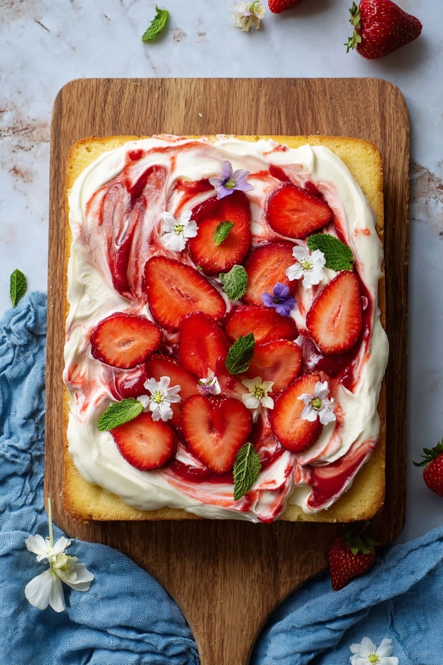 A square cake sits on a wooden board with two main layers visible: the bottom layer is golden-brown cake with a soft texture, and the top layer is thick white cream spread unevenly. Red strawberry sauce is swirled on the cream, creating a marbled look. Fresh strawberry slices are placed on top, mainly in the middle and spread out toward the edges. Small white edible flowers and green mint leaves are scattered randomly over the cream, adding color contrast. The wooden board rests on a crumpled blue cloth, and the background is a white marbled texture. Photo taken with an iphone --ar 2:3 --v 7