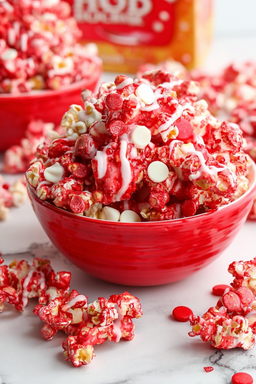 The left side shows a small silver pot filled with a bright, glossy red sauce with a soft, slightly bubbly texture, and a silver whisk inside it. The pot sits on a square brown cork mat on a white marbled surface, with a bit of liquid spilled next to it. On the top left corner, there is a white bowl partially visible, filled with plain white popcorn. The right side features a white baking tray filled with popcorn covered in a shiny, thick red coating, with a black spatula resting on top, smeared with the red sauce. The popcorn shows some white peeking through the red layer, and the baking tray sits on the same white marbled surface with the brown cork mat underneath. Photo taken with an iphone --ar 2:3 --v 7
