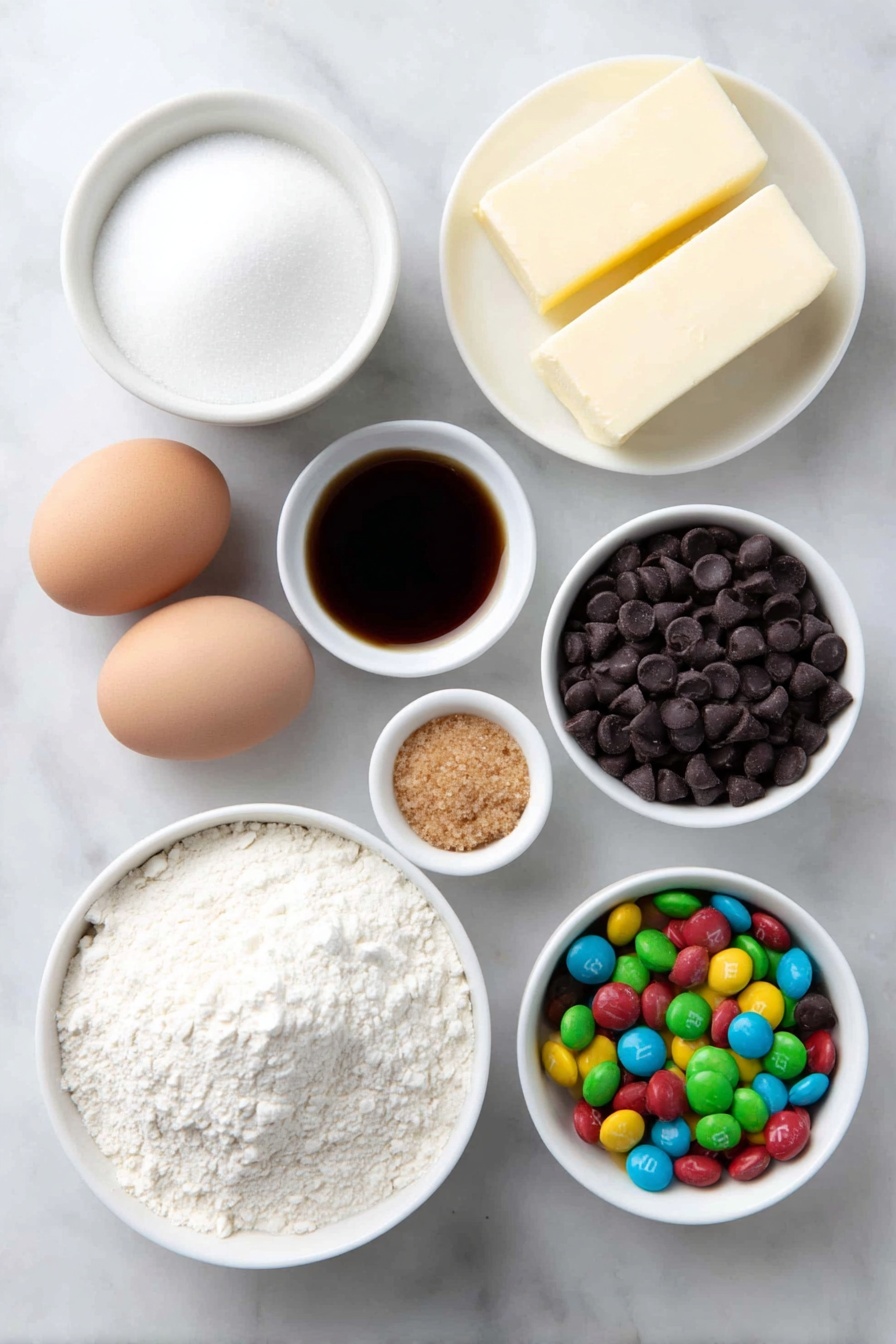 Flat lay of a few sticks of softened butter, a small white ceramic bowl of white granulated sugar, a small white ceramic bowl of brown sugar, two whole uncracked brown eggs, a small white ceramic bowl of vanilla extract, a small white ceramic bowl filled with unbleached flour, a small white ceramic bowl of baking soda, a small white ceramic bowl of table salt, a small white ceramic bowl overflowing with mini semi-sweet chocolate chips, and a small white ceramic bowl holding colorful peanut butter M&Ms, all arranged in perfect symmetry placed on a clean white marble surface, soft natural light, photo taken with an iPhone, professional food photography style, fresh ingredients, white ceramic bowls, no bottles, no duplicates, no utensils, no packaging --ar 2:3 --v 7 --p m7354615311229779997