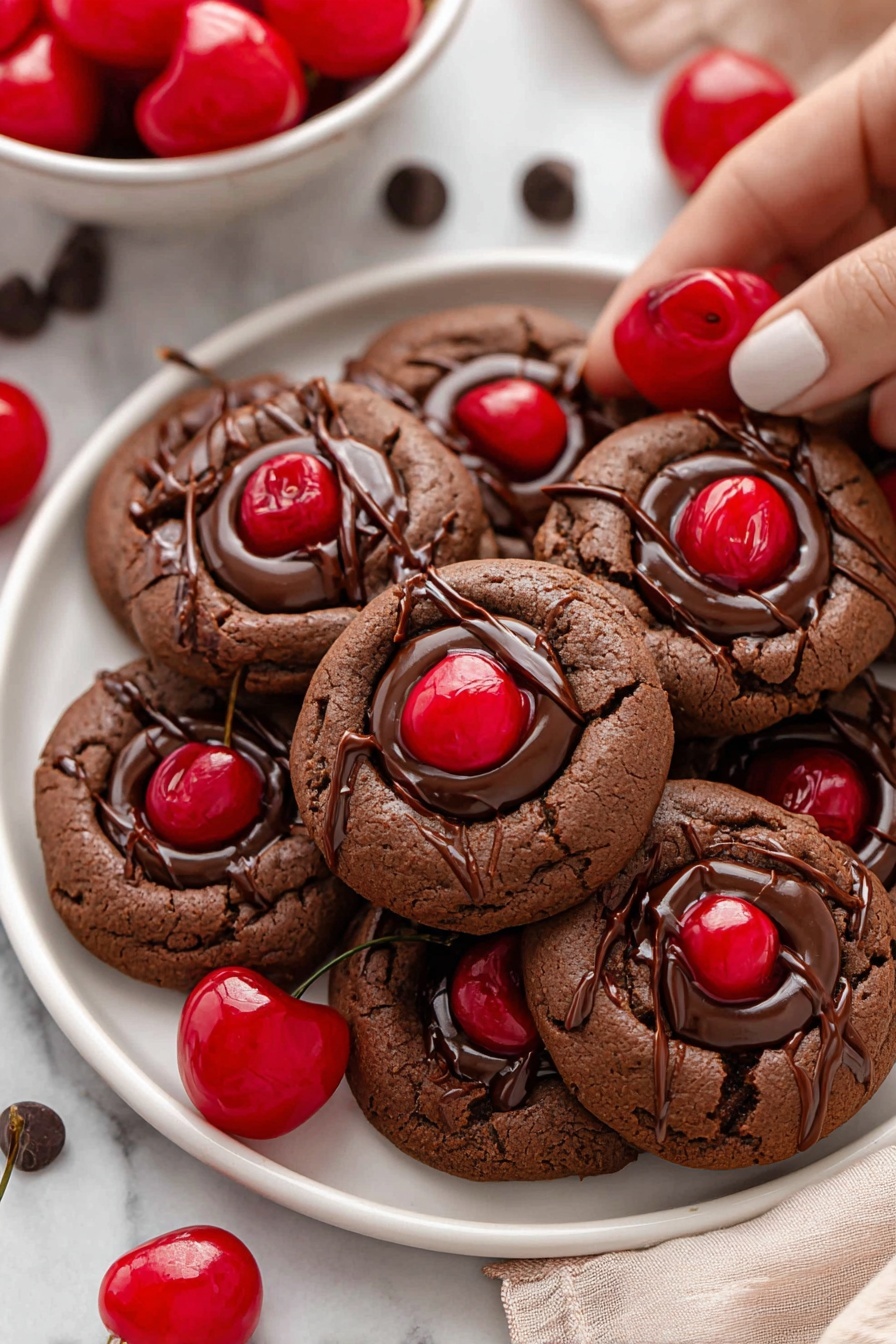 A close-up image shows a woman's hand pressing down on a small, round, dark brown dough ball on a light brown parchment paper, placed on a metal baking tray with worn edges. Another dough ball, similar in color and texture, sits above the first one on the parchment paper. The dough balls have a rough, slightly cracked surface and are not yet baked. The background features a white marbled texture. photo taken with an iphone --ar 2:3 --v 7
