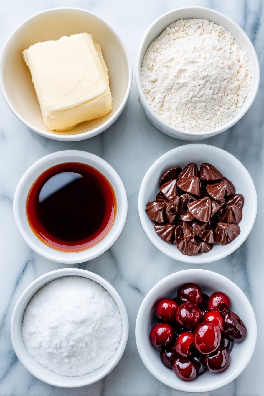 Flat lay of a small white ceramic bowl of softened unsalted butter, a small white ceramic bowl filled with powdered sugar, a few grains of salt scattered nearby, a small white ceramic bowl containing deep red maraschino cherry juice, a small white ceramic bowl with pale almond extract, a small white ceramic bowl of all-purpose flour, a small white ceramic bowl holding finely chopped bright red maraschino cherries, a small white ceramic bowl filled with granulated sugar, and a neat cluster of whole Hershey’s Kisses chocolates with shiny silver wrappers, all arranged in perfect symmetry on a clean white marble surface, soft natural light, photo taken with an iPhone, professional food photography style, fresh ingredients, white ceramic bowls, no bottles, no duplicates, no utensils, no packaging --ar 2:3 --v 7 --p m7354615311229779997