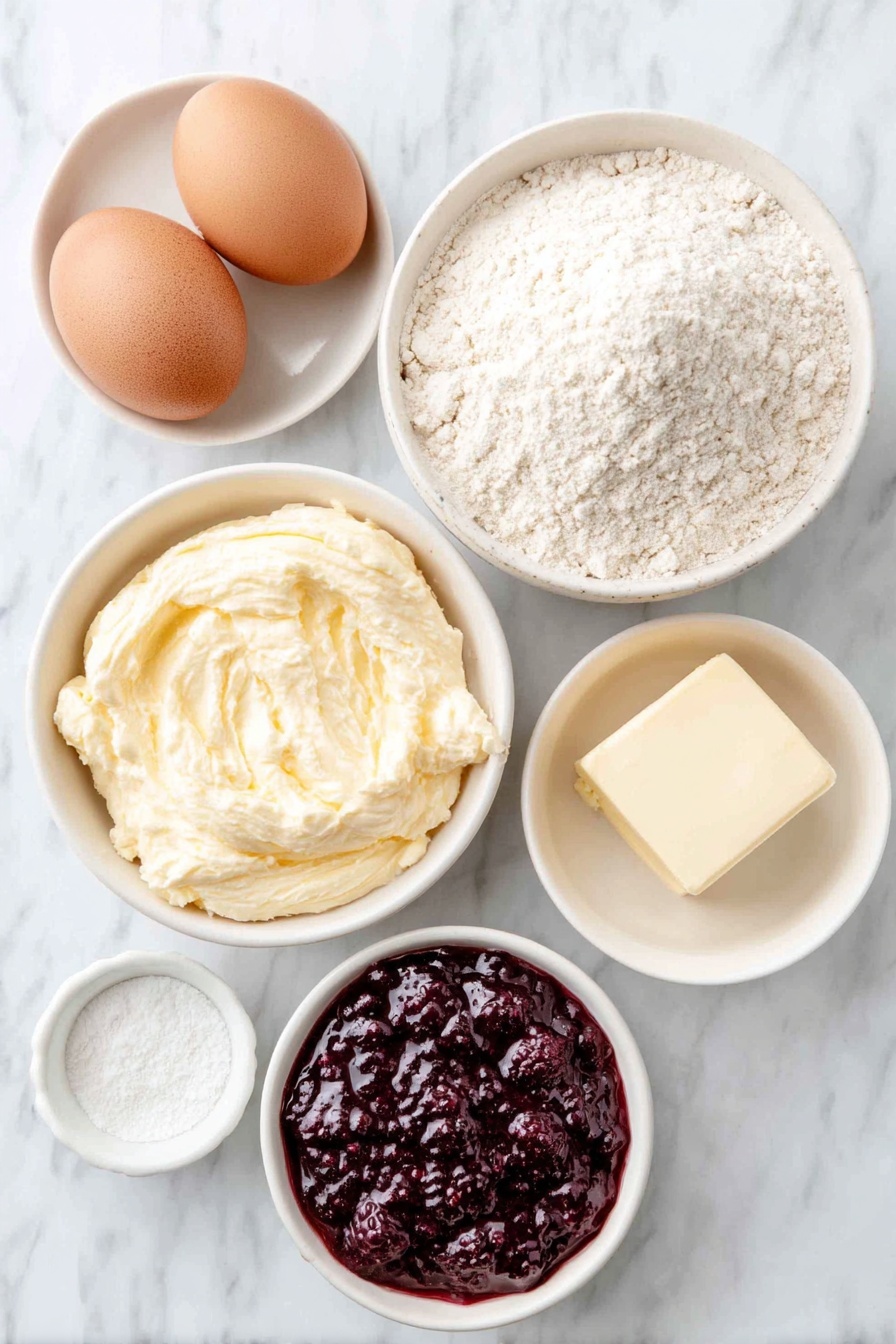 Flat lay of a small white ceramic bowl with clear water, a small white ceramic bowl with pale beige bread flour, a simple white ceramic bowl filled with fine white granulated sugar, a single large clean whole brown egg, a small white ceramic bowl holding creamy whole milk, a smooth ball of pale yellow unsalted butter, a small white ceramic bowl containing vibrant red raspberry jelly, all ingredients fresh and natural, arranged in perfect symmetry and balanced proportions, placed on a clean white marble surface, soft natural light, photo taken with an iPhone, professional food photography style, fresh ingredients, white ceramic bowls, no bottles, no duplicates, no utensils, no packaging --ar 2:3 --v 7 --p m7354615311229779997