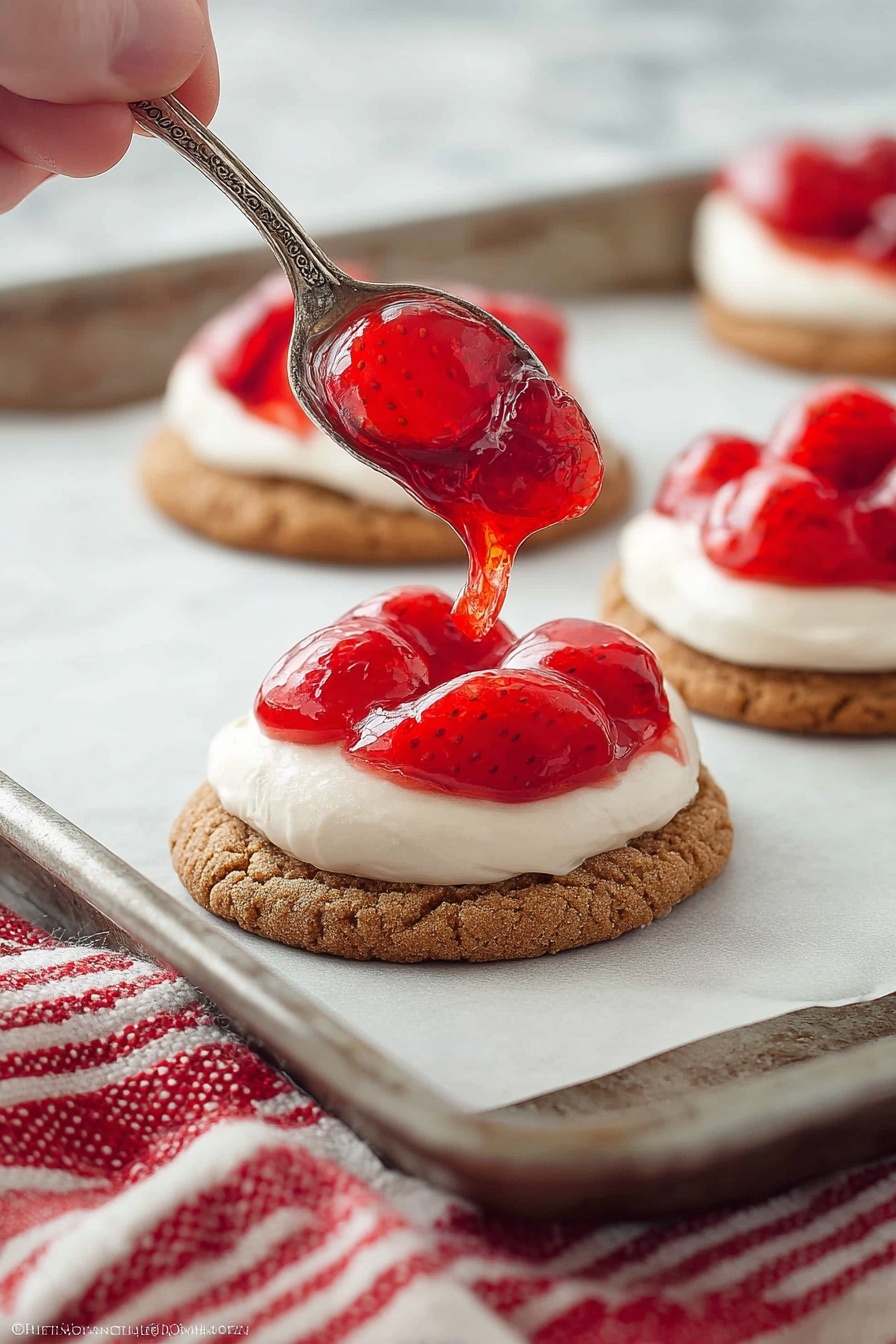 The image shows six round cookies laid out on a white marbled surface, each cookie having three main layers. The first layer is a golden-brown cookie base with a slightly rough texture. On top of that is a smooth, creamy white frosting that is spread evenly in a circle. The third layer is a bright red strawberry topping with whole strawberries covered in a shiny, jelly-like glaze. Small pieces of crumbly light brown crushed topping are sprinkled over the strawberry layer. There are also three fresh strawberries on the surface near the cookies. The photo taken with an iphone --ar 2:3 --v 7