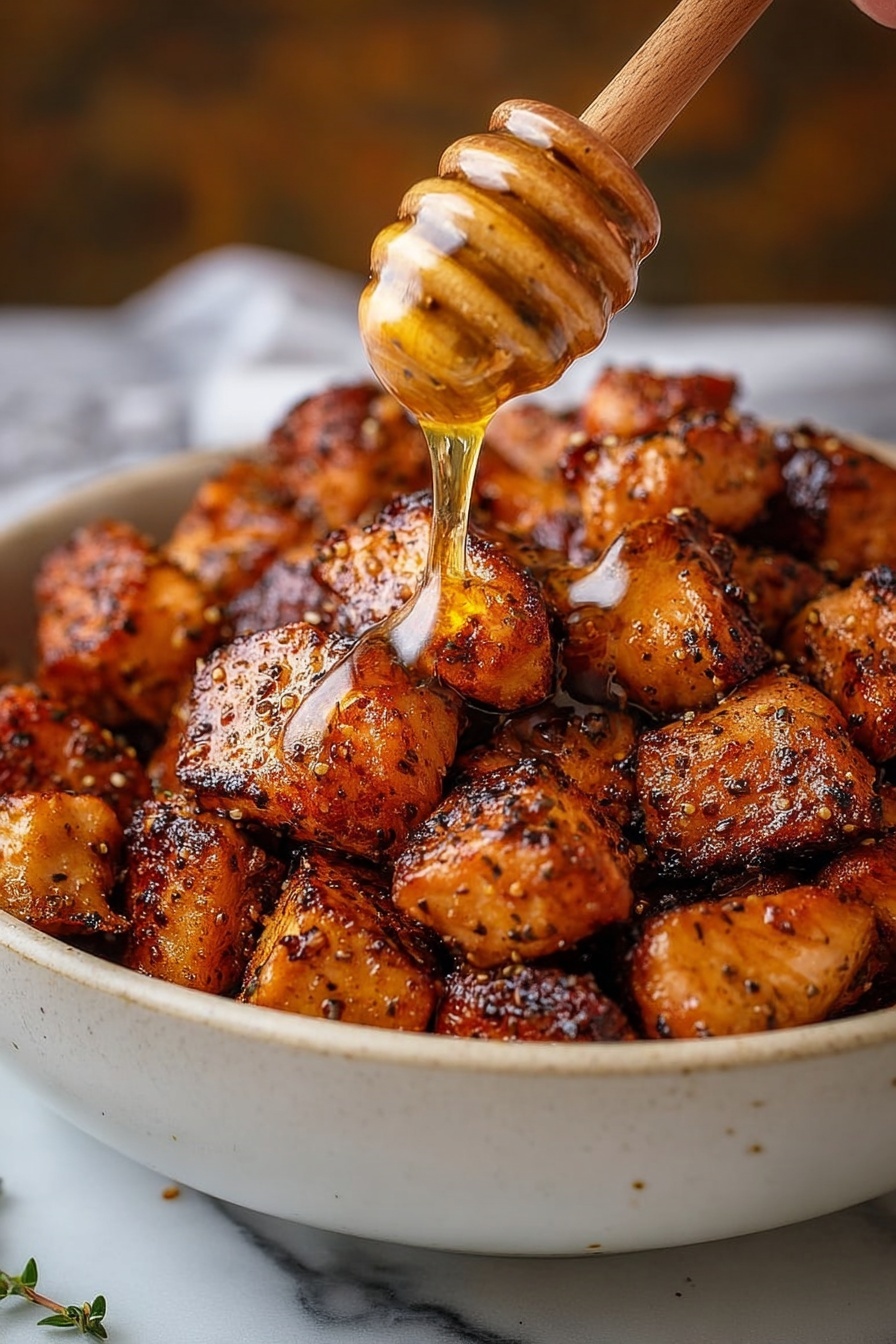 The image shows a close-up of a white bowl filled with many small, browned pieces of cooked chicken that have a crispy texture with visible seasoning specks. Above the bowl, a woman's hand holds a wooden honey dipper, drizzling golden, shiny honey over the chicken pieces, creating a glistening layer. The honey forms thick, sticky streams that cover some chicken pieces unevenly. The bowl rests on a white marbled surface, and the overall look of the dish is warm and inviting, with a contrast between the dark crispy chicken and the bright honey. photo taken with an iphone --ar 2:3 --v 7