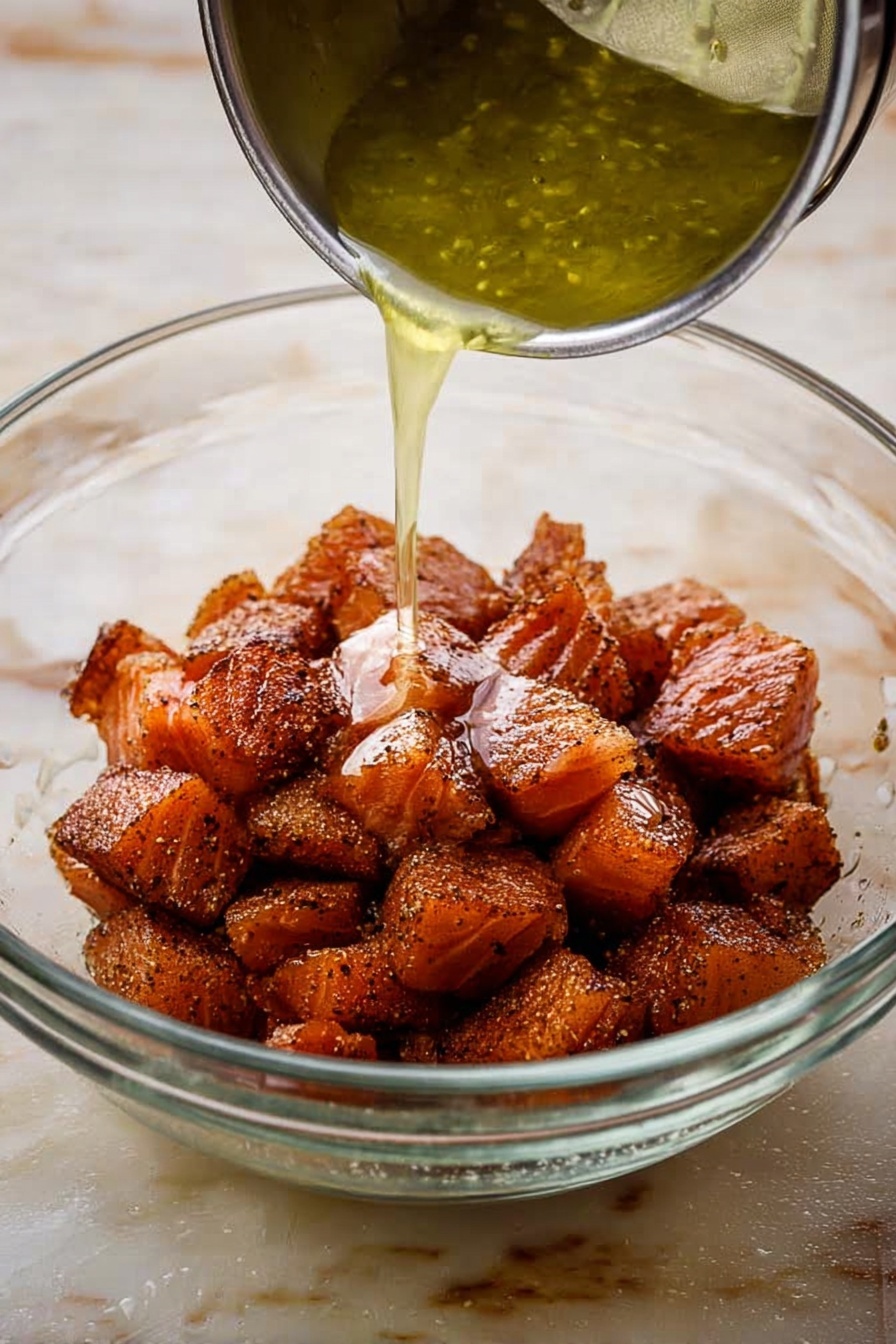 In a white bowl on a white marbled surface, a bed of white rice forms the base layer. On top of the rice, there are charred green asparagus spears arranged in a fan shape. Over the asparagus, several pieces of glazed golden-orange chicken are stacked, showing a shiny, slightly caramelized texture. Scattered around and under the chicken and asparagus are sprigs of fresh green herbs and small edible flowers in red and yellow tones. On the right side inside the bowl, there is a small round white bowl filled with a creamy green herb sauce that also drizzles lightly over the rice and asparagus. Photo taken with an iphone --ar 2:3 --v 7