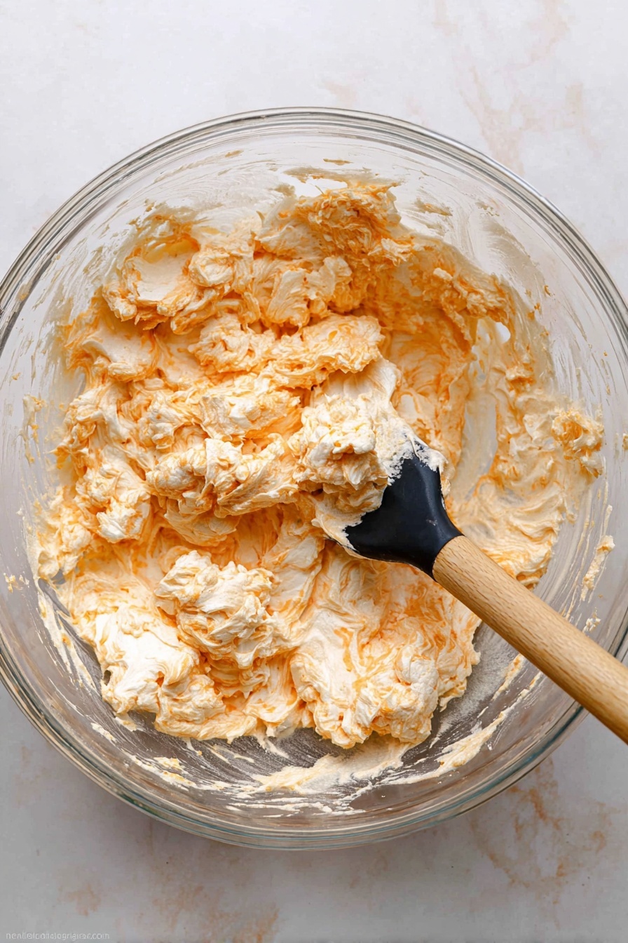 The image shows several jalapeño peppers sliced in half lengthwise with a creamy, melted light orange cheese filling on top. Each pepper is wrapped around the middle with a strip of crispy, golden-brown bacon, secured with small wooden toothpicks. The cheese filling has a slightly browned, bubbly texture with some darker orange spots where it is more cooked. The green jalapeño skins contrast with the warm colors of the cheese and bacon. The peppers are placed on a white plate with a few small dark specks visible, set on a white marbled surface. photo taken with an iphone --ar 2:3 --v 7