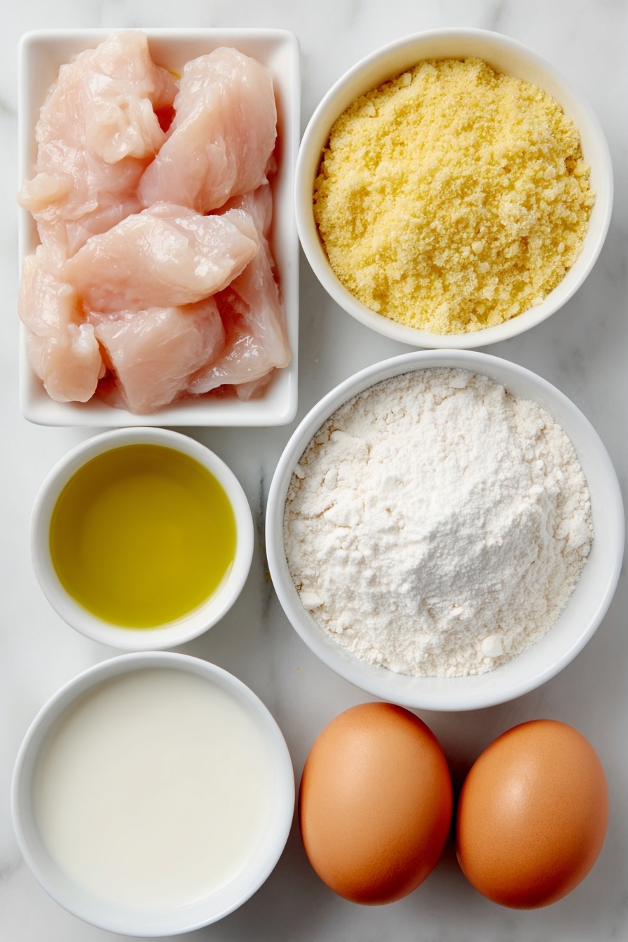 Flat lay of fresh boneless skinless chicken breast chunks, a small white bowl of dill pickle juice, a small white bowl of whole milk, a small white bowl of all-purpose flour, a small white bowl of plain breadcrumbs, a small white bowl of powdered sugar, a small white bowl of garlic powder, a small white bowl of salt, a small white bowl of paprika, a small white bowl of baking powder, a small white bowl of black pepper, and two whole brown eggs with clean shells, all arranged symmetrically in simple white ceramic bowls, placed on a clean white marble surface, soft natural light, photo taken with an iPhone, professional food photography style, fresh ingredients, white ceramic bowls, no bottles, no duplicates, no utensils, no packaging --ar 2:3 --v 7 --p m7354615311229779997
