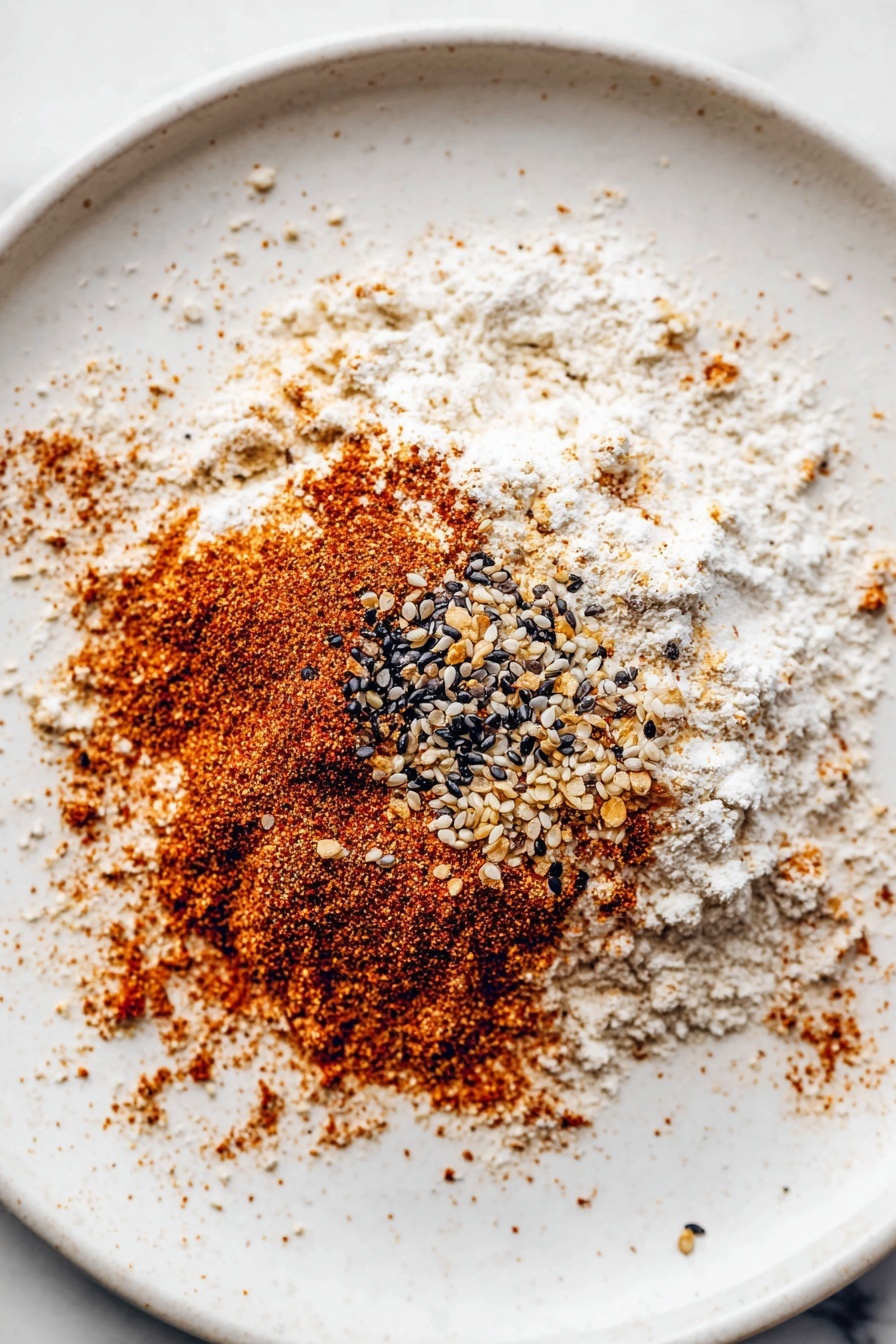 A white plate holds seven golden brown crispy chicken strips, each coated with a crunchy breading speckled with black and white sesame seeds. The chicken strips are arranged in a loose pile, showing varied shapes and sizes with a textured, rough surface. To the right of the chicken pieces, a small clear glass bowl sits filled with a creamy light yellow dipping sauce that has red and black specks mixed throughout. The whole scene rests on a backdrop of white marbled texture. Photo taken with an iphone --ar 2:3 --v 7