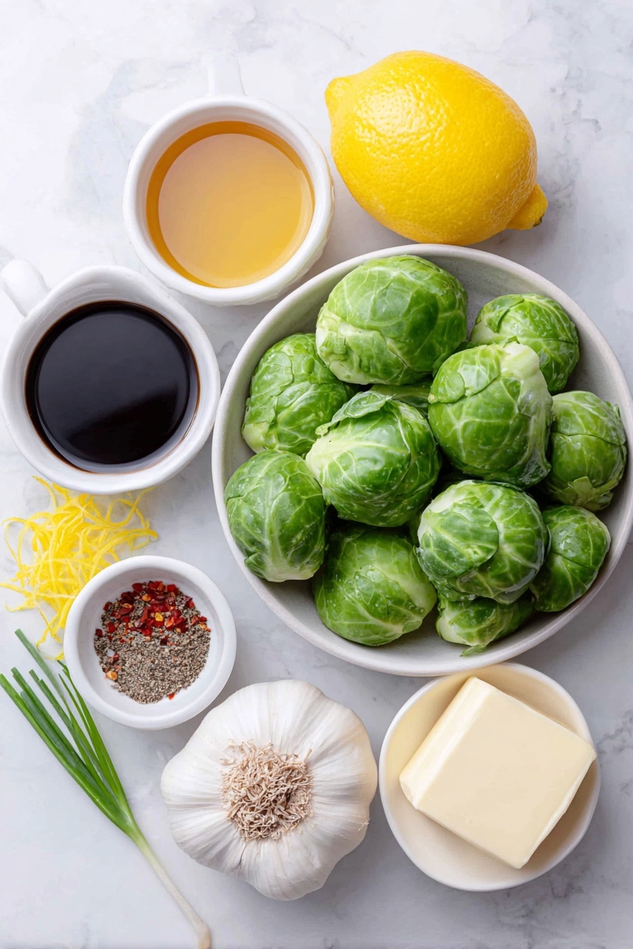 Flat lay of fresh halved Brussels sprouts with vibrant green leaves, two whole uncracked garlic cloves, a bright lemon with fresh yellow zest strands, a small white ceramic bowl filled with glossy golden honey, a small white bowl holding dark, rich balsamic vinegar, a small white bowl of smooth pale Dijon mustard, a small white bowl of clear golden olive oil, a small heap of red chili flakes, a few fresh green onions with vibrant stalks, and a chunk of unsalted creamy butter placed on a clean white marble surface, soft natural light, photo taken with an iPhone, professional food photography style, fresh ingredients, white ceramic bowls, no bottles, no duplicates, no utensils, no packaging --ar 2:3 --v 7 --p m7354615311229779997
