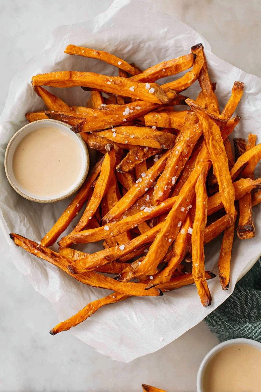 A white bowl holds a pile of long, thin sweet potato fries that are golden orange with some dark brown edges. The fries are slightly crispy and are sprinkled with coarse white salt. On the left side of the bowl, there is a small round container with light beige creamy sauce. The bowl is placed on white parchment paper, and the whole setup rests on a white marbled textured surface. Another small container of the same beige sauce appears at the bottom right corner. photo taken with an iphone --ar 2:3 --v 7