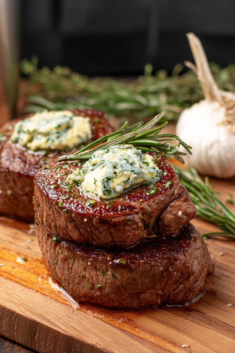 Two thick, juicy brown steak pieces sit stacked on a wooden board, each topped with a creamy, herb-filled butter and a fresh, green rosemary sprig. The texture of the steak is slightly shiny with visible sear marks, and the butter on top shows small bits of green herbs mixed in, melting slowly over the warm meat. Behind the stack, a whole garlic bulb and more sprigs of rosemary rest on the wooden surface, all set against a dark, blurred background. photo taken with an iphone --ar 2:3 --v 7