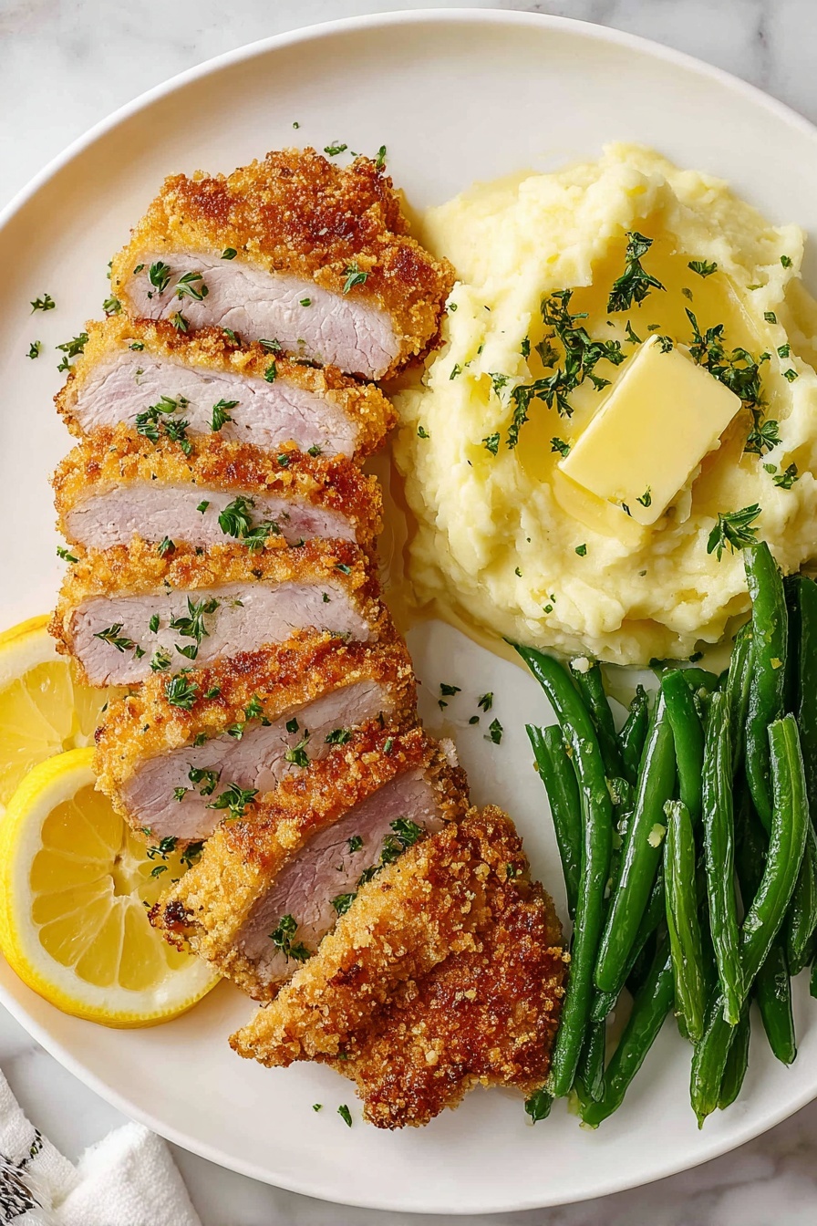 A white plate on a white marbled surface holds two golden brown crispy fried food pieces, each coated with a crunchy bread crumb texture and small bits of herbs sprinkled on top. Underneath one piece are two bright yellow lemon slices layered side by side. To the side of the crispy pieces is a pile of fresh green beans, cut into short segments. A black fork is piercing the top fried piece, held by a woman's hand partially visible on the right side of the frame. photo taken with an iphone --ar 2:3 --v 7