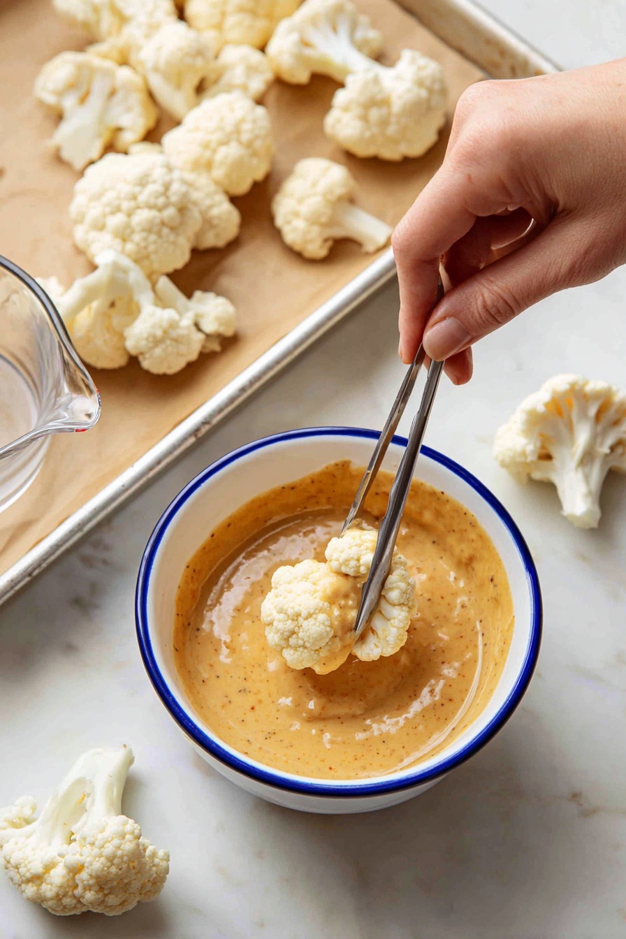 The image shows many small orange-colored cauliflower pieces with a slightly charred texture, placed on a black wire rack over a white marbled background. The cauliflower pieces are coated in a bright, glossy sauce and scattered with a few green herb leaves. A woman's hand is dipping one piece into a small silver cup filled with a thick white sauce, visible near the center of the image. The lighting highlights the shiny sauce and the crisp texture of the cauliflower. Photo taken with an iphone --ar 2:3 --v 7