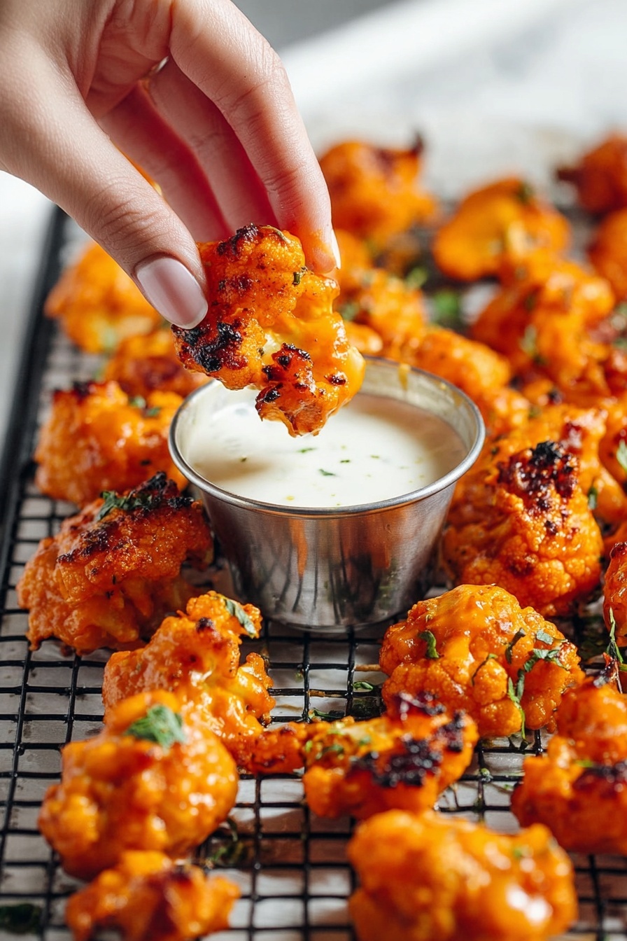 A woman's hand is holding metal tongs gripping a piece of cauliflower being dipped into a thick, light brown batter inside a white bowl with a blue rim. The batter has a smooth texture with specks of seasoning. Around the bowl on a white marbled surface are several raw white cauliflower florets. Above the bowl is a metal tray lined with brown parchment paper, on which several cauliflower pieces are already coated with the same light brown batter. A clear glass measuring cup is partially visible to the left. The scene is bright and clean. Photo taken with an iphone --ar 2:3 --v 7