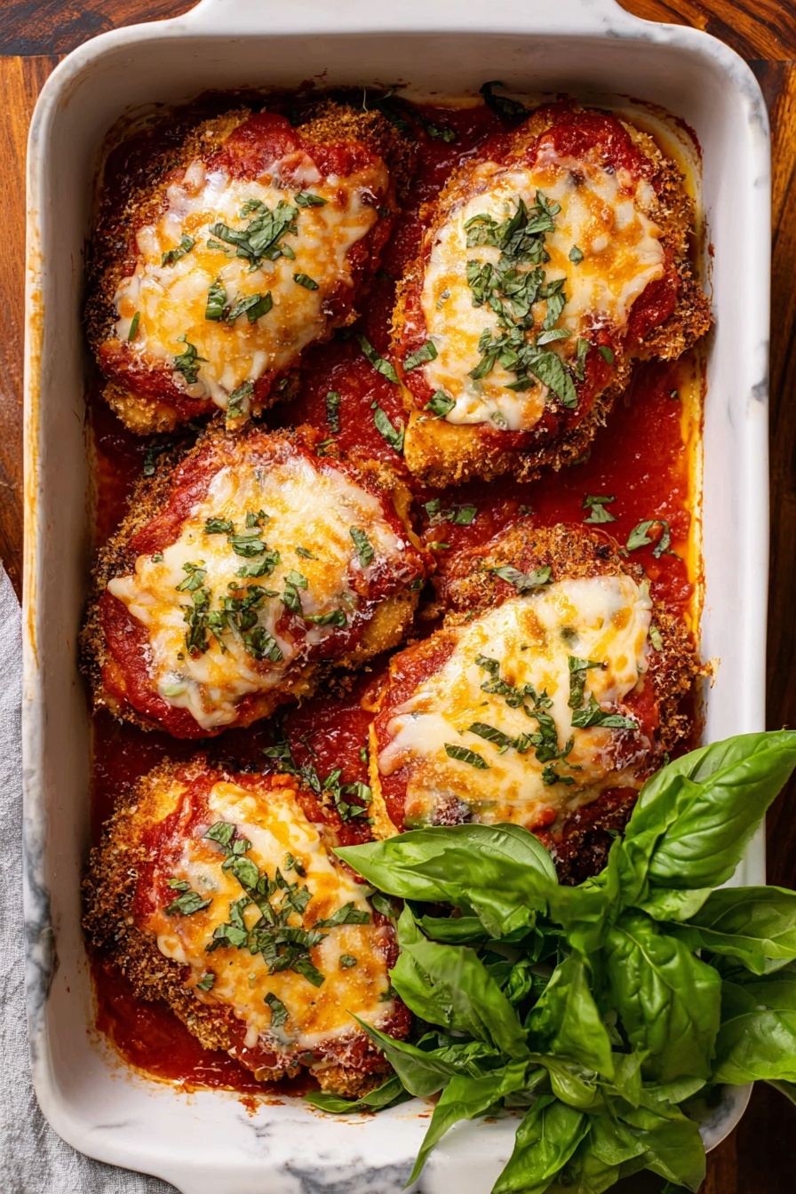 The image shows a white rectangular baking dish holding five pieces of breaded chicken topped with red tomato sauce and melted golden cheese sprinkled with chopped green herbs. The chicken pieces are arranged in two rows, three on the bottom and two on top, with some crispy brown edges around the chicken. A bunch of fresh green basil leaves is placed on the bottom right corner of the dish, adding a vibrant green color. The dish sits on a wooden surface with part of a white marbled texture visible on the side. photo taken with an iphone --ar 2:3 --v 7