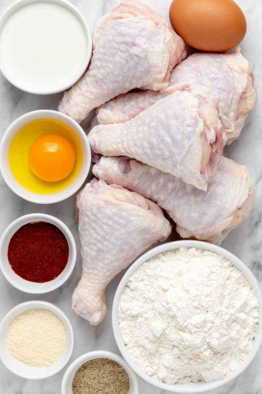 Flat lay of eight bone-in skin-on chicken pieces with fresh skin, a small white bowl of thick buttermilk, a single large brown egg and a separate small white bowl with bright orange egg yolk, a small white bowl filled with vibrant yellow French’s-style mustard, a small white bowl containing deep red Creole Cajun seasoning, a small white bowl of pale self-rising flour, a small white bowl of fine white cornstarch, a small white bowl with light golden garlic powder, a small white bowl of off-white onion powder, a small white bowl of speckled lemon pepper seasoning, arranged symmetrically and balanced on a clean white marble surface, soft natural light, photo taken with an iPhone, professional food photography style, fresh ingredients, white ceramic bowls, no bottles, no duplicates, no utensils, no packaging --ar 2:3 --v 7 --p m7354615311229779997