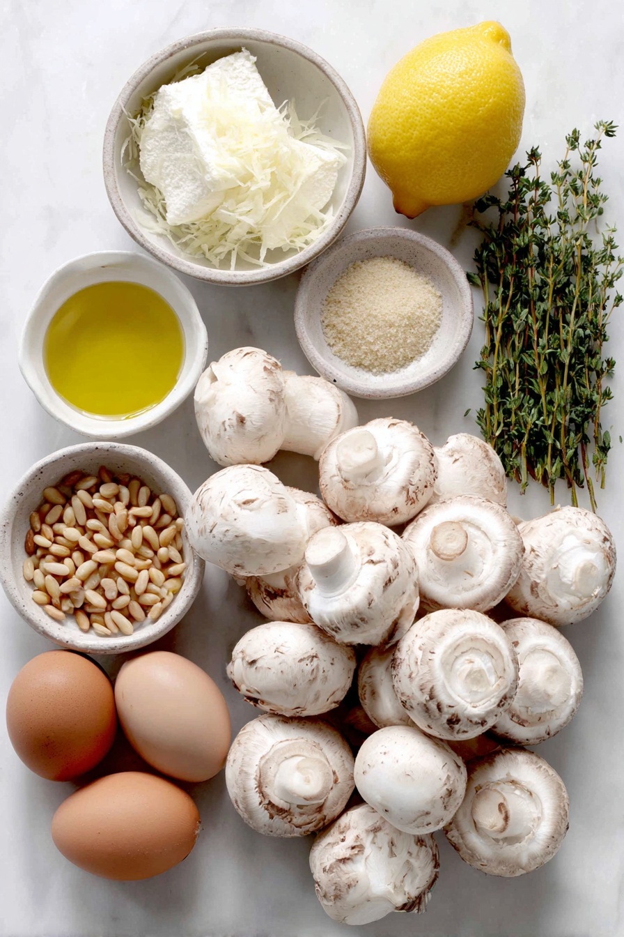 Flat lay of a cluster of fresh white button mushrooms with caps facing up, a small pile of soft goat cheese, a few whole fresh shallots, a whole lemon beside a small white ceramic bowl of lemon zest, fresh green herb sprigs, a small white bowl of glossy golden olive oil, a small white bowl with toasted pine nuts, a small white bowl of fine pale panko breadcrumbs, whole uncracked brown eggs absent (none in recipe), and a small white bowl of light white cooking wine, all arranged symmetrically on a clean white marble surface, soft natural light, photo taken with an iPhone, professional food photography style, fresh ingredients, white ceramic bowls, no bottles, no duplicates, no utensils, no packaging --ar 2:3 --v 7 --p m7354615311229779997