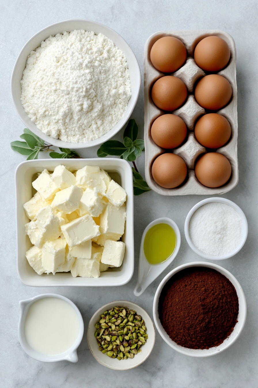 Flat lay of a small box of white cake mix in a simple white ceramic box-shaped dish, a small box of instant pistachio pudding mix in a plain white ceramic square dish, four whole brown eggs with clean shells arranged in a perfect row, a small white ceramic bowl with clear vegetable oil, a small white ceramic bowl filled with clean water, a few small sprigs of fresh green almond leaves, a tiny drop of green food coloring on a white ceramic spoon-shaped dish, a small white ceramic bowl of unsalted butter cubes, a small white ceramic bowl of milk, a small white ceramic bowl of powdered sugar, a small white ceramic bowl of cocoa powder, and a small white ceramic dish with chopped fresh green pistachios, all placed on a clean white marble surface, soft natural light, photo taken with an iPhone, professional food photography style, fresh ingredients, white ceramic bowls, no bottles, no duplicates, no utensils, no packaging --ar 2:3 --v 7 --p m7354615311229779997