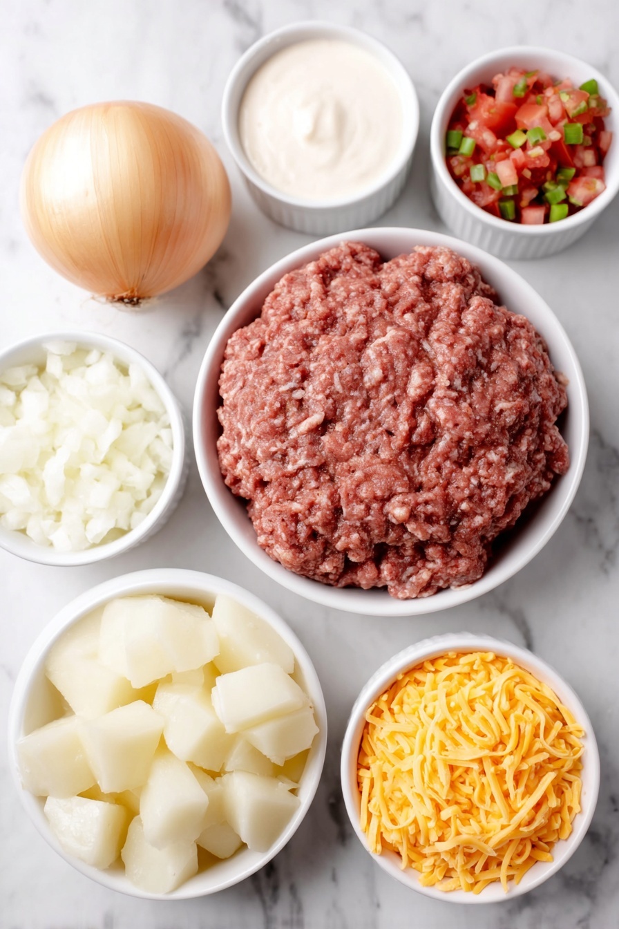Flat lay of a mound of cooked browned ground beef, a whole yellow onion, a small white bowl of minced garlic, a white bowl filled with diced raw potatoes, a white bowl with bright diced tomatoes and green chilies, a white bowl with creamy cheddar cheese soup, a small white bowl of thick sour cream, a small white bowl of reddish-brown taco seasoning powder, a pile of shredded cheddar cheese, all arranged in perfect symmetry on a clean white marble surface, soft natural light, photo taken with an iPhone, professional food photography style, fresh ingredients, white ceramic bowls, no bottles, no duplicates, no utensils, no packaging --ar 2:3 --v 7 --p m7354615311229779997