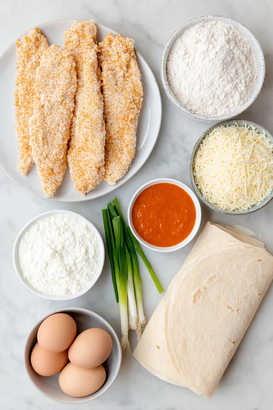 Flat lay of frozen breaded chicken strips arranged naturally next to a small white ceramic bowl of bright orange buffalo sauce, a neat stack of uncooked wide lasagna noodles, a mound of shredded mozzarella cheese on white ceramic plate, thinly sliced green onions scattered gently beside a small bowl of ricotta cheese, a separate small white bowl holding softened cream cheese, a small white bowl of flour, a small white bowl of golden butter cubes, a glass of whole milk in a simple clear container, a pile of sharp cheddar cheese shreds on white ceramic, chunks of creamy blue cheese placed neatly on white ceramic dish, and two whole uncracked brown eggs placed symmetrically — all ingredients fresh and natural, perfectly balanced and arranged for visual harmony, placed on a clean white marble surface, soft natural light, photo taken with an iPhone, professional food photography style, fresh ingredients, white ceramic bowls, no bottles, no duplicates, no utensils, no packaging --ar 2:3 --v 7 --p m7354615311229779997